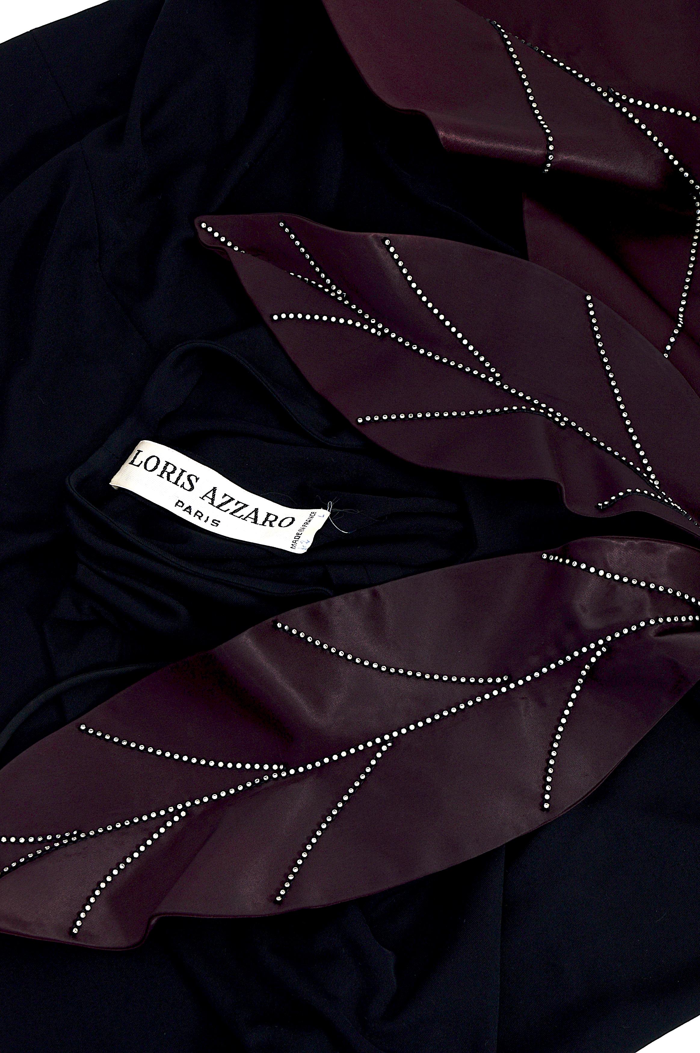 Loris Azzaro Couture 1970, robe en jersey de soie noir ornée de satin et de strass  en vente 6
