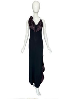 Loris Azzaro Couture 1970 - Robe en jersey de soie noir ornée de satin et de strass