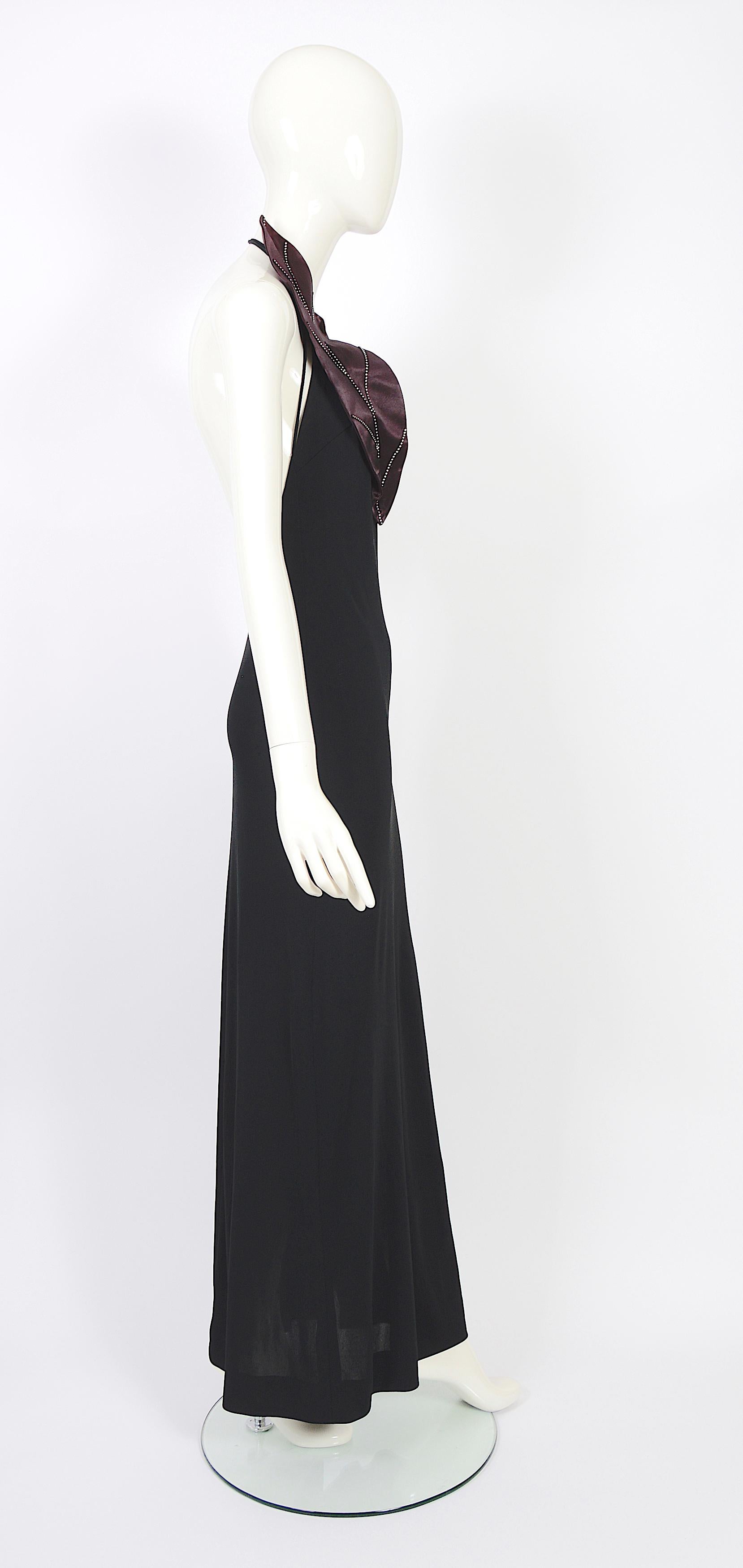 Loris Azzaro Couture 1970, robe en jersey de soie noir ornée de satin et de strass  en vente 3