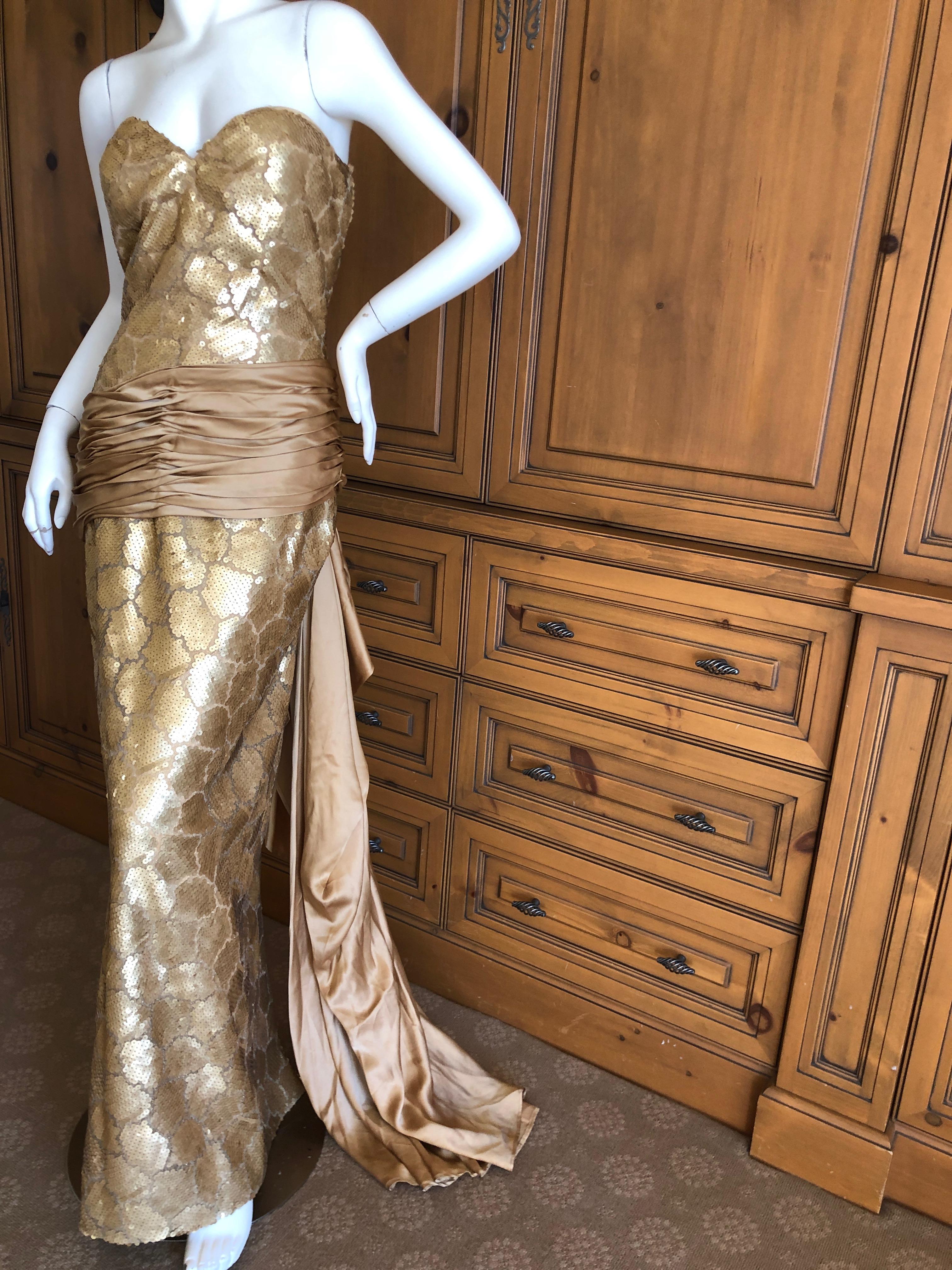 Brown Loris Azzaro Couture 1970s Sequin Accented Gold Dress with Waist Sash Train For Sale