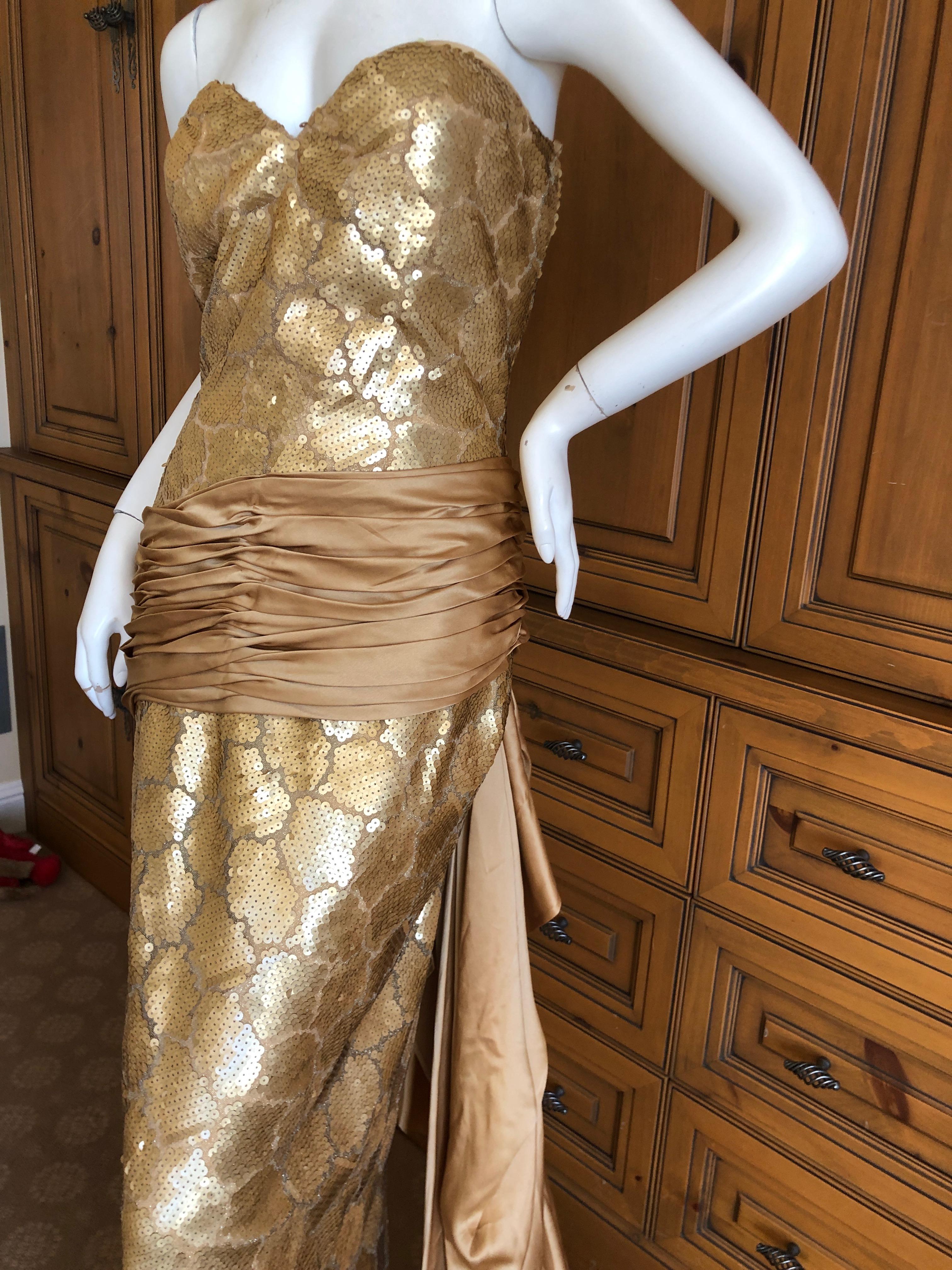 Brown Loris Azzaro Couture 1970s Sequin Accented Gold Dress with Waist Sash Train For Sale