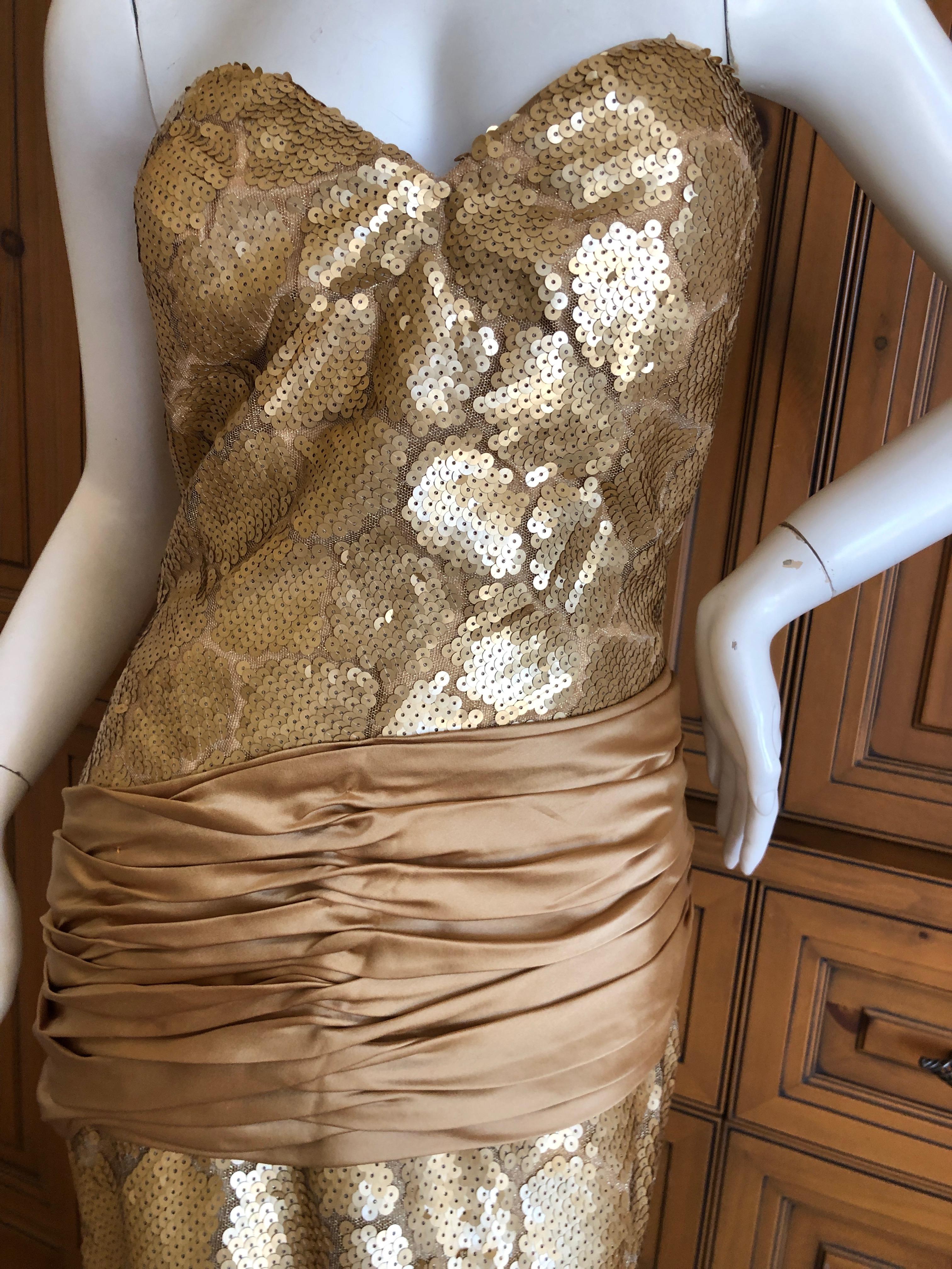 Women's Loris Azzaro Couture 1970s Sequin Accented Gold Dress with Waist Sash Train For Sale