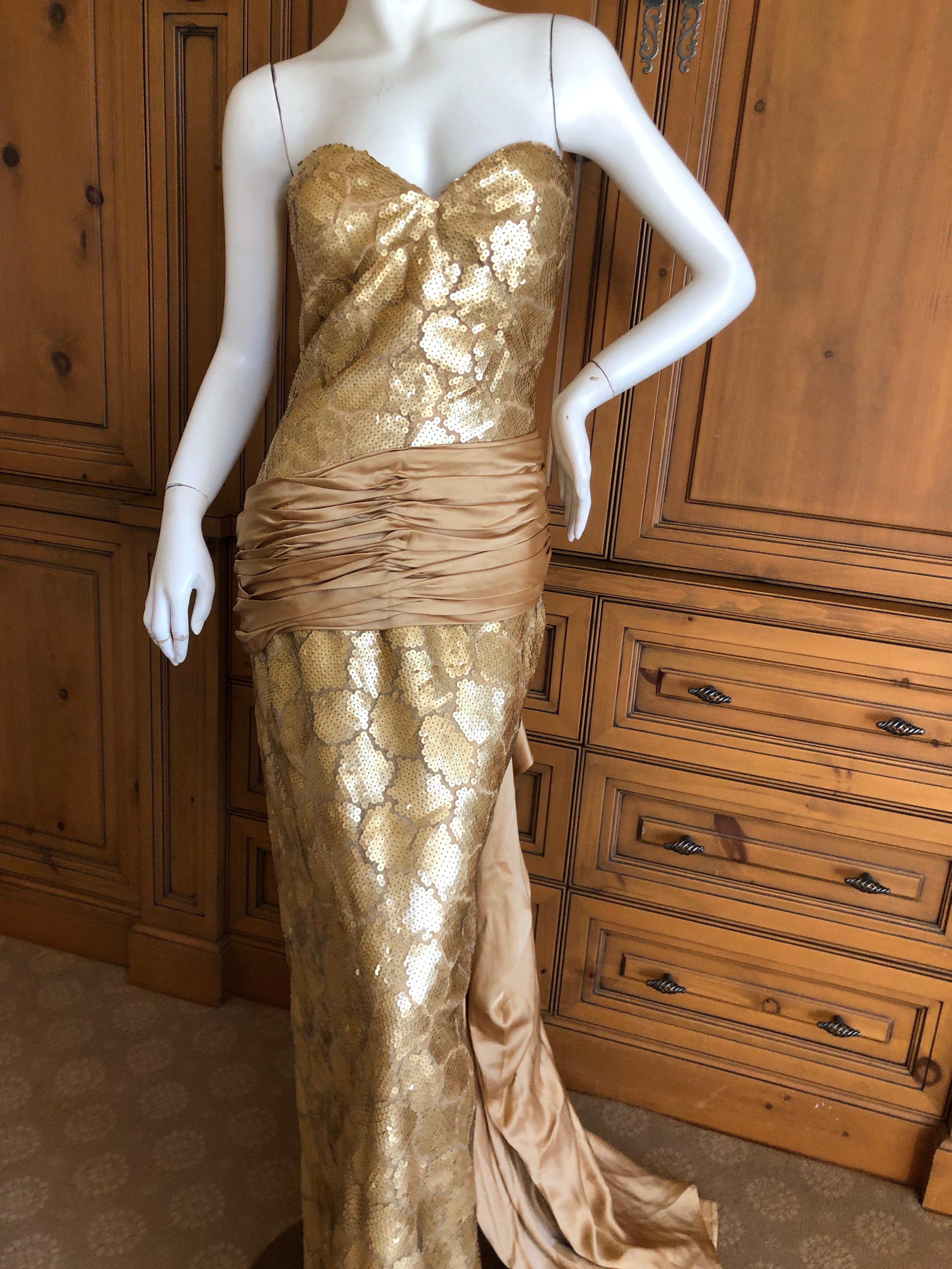 Women's Loris Azzaro Couture 1970s Sequin Accented Gold Dress with Waist Sash Train For Sale