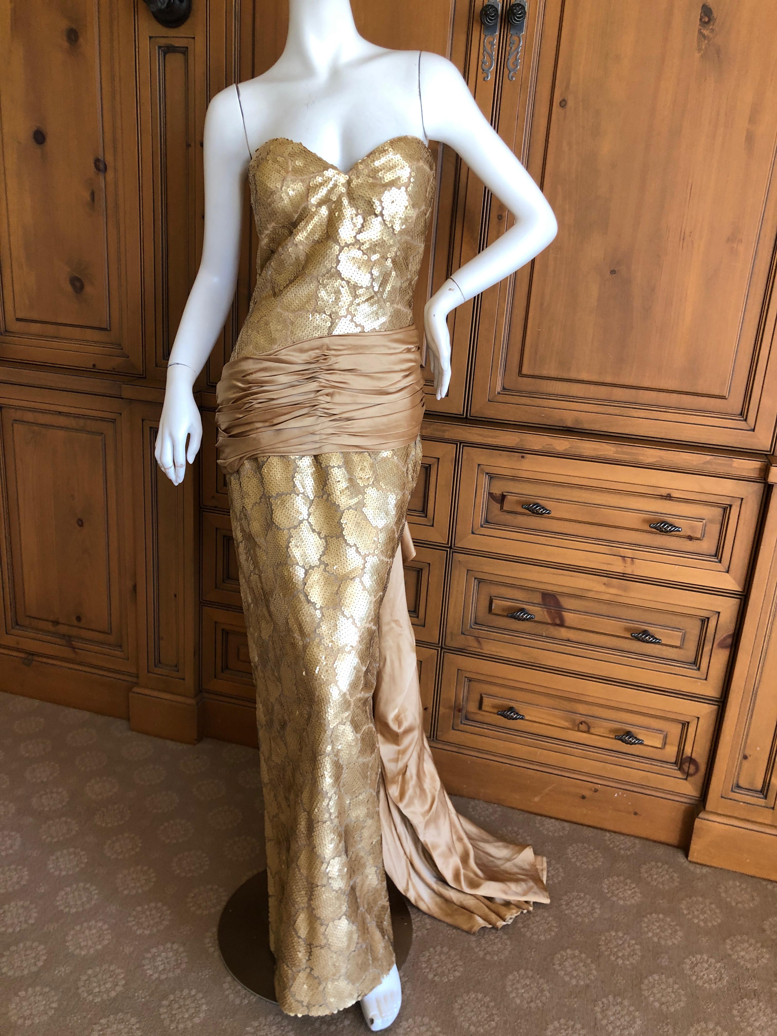 Loris Azzaro Couture 1970s Sequin Accented Gold Dress with Waist Sash Train For Sale 2
