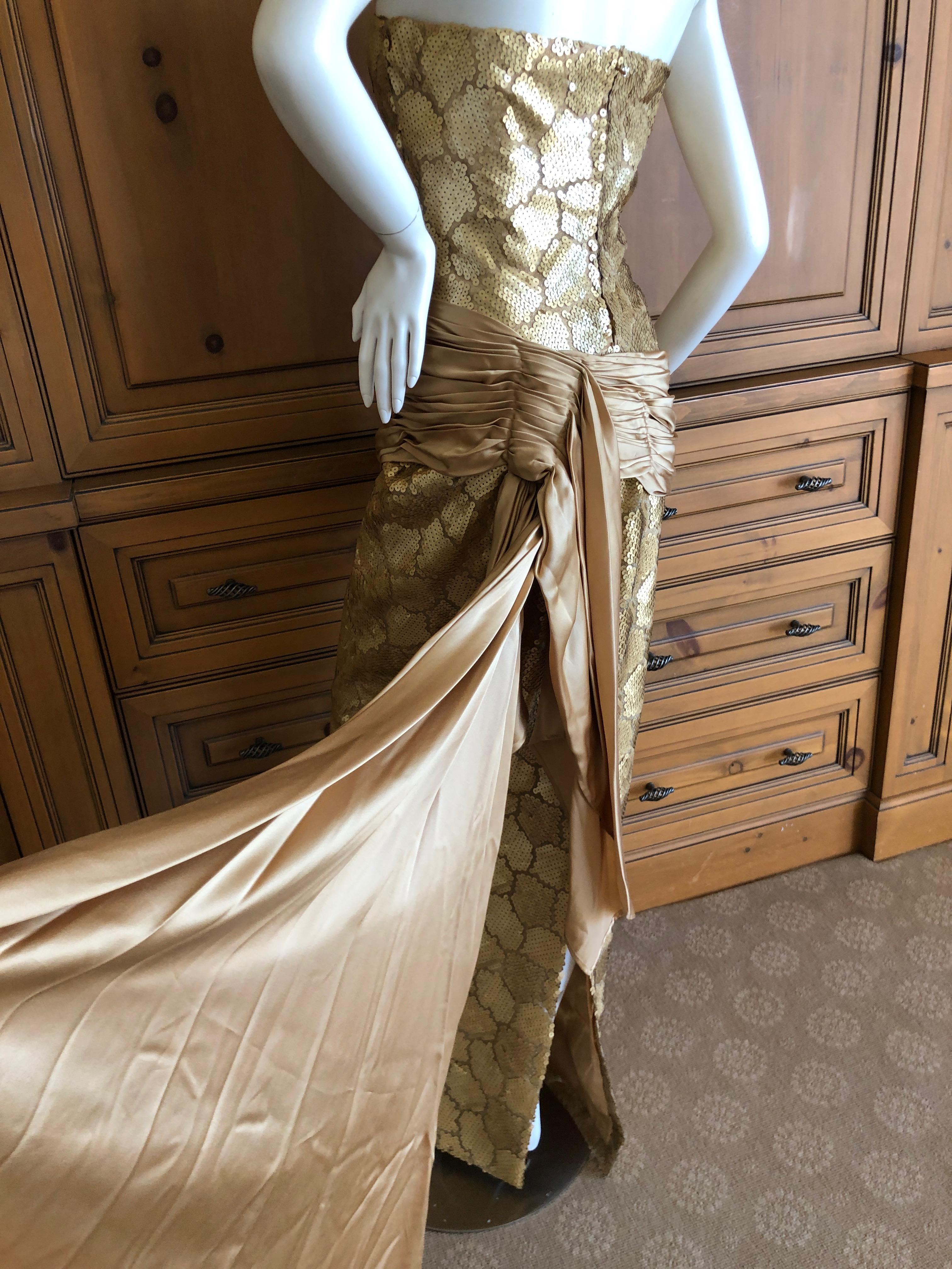 Loris Azzaro Couture 1970s Sequin Accented Gold Dress with Waist Sash Train For Sale 3