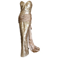 Loris Azzaro Couture 1970s Sequin Accented Gold Dress with Waist Sash Train