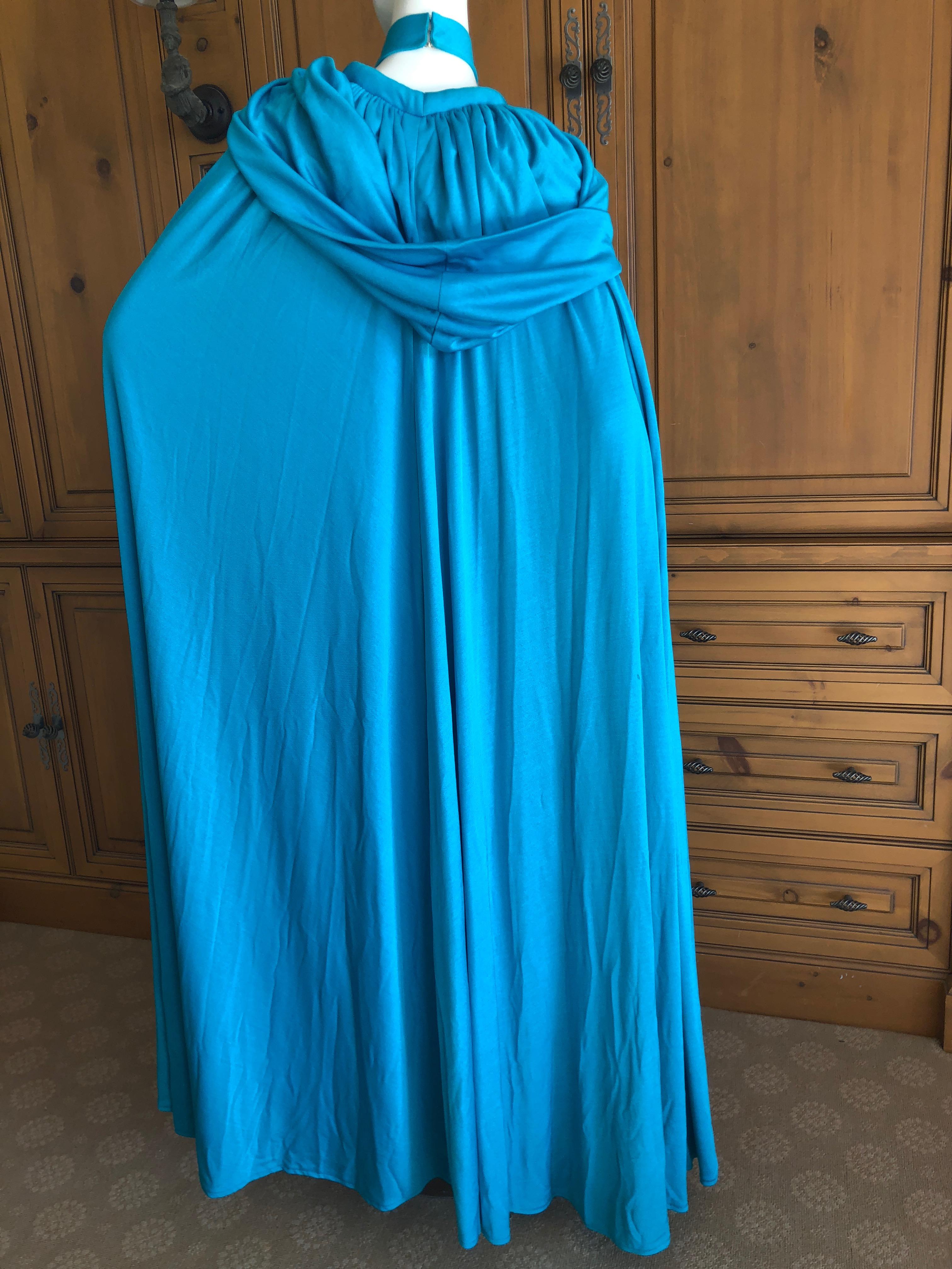 Loris Azzaro Couture 1970s Sheer Sequin Accented Turquoise Blue Dress and Cape 6