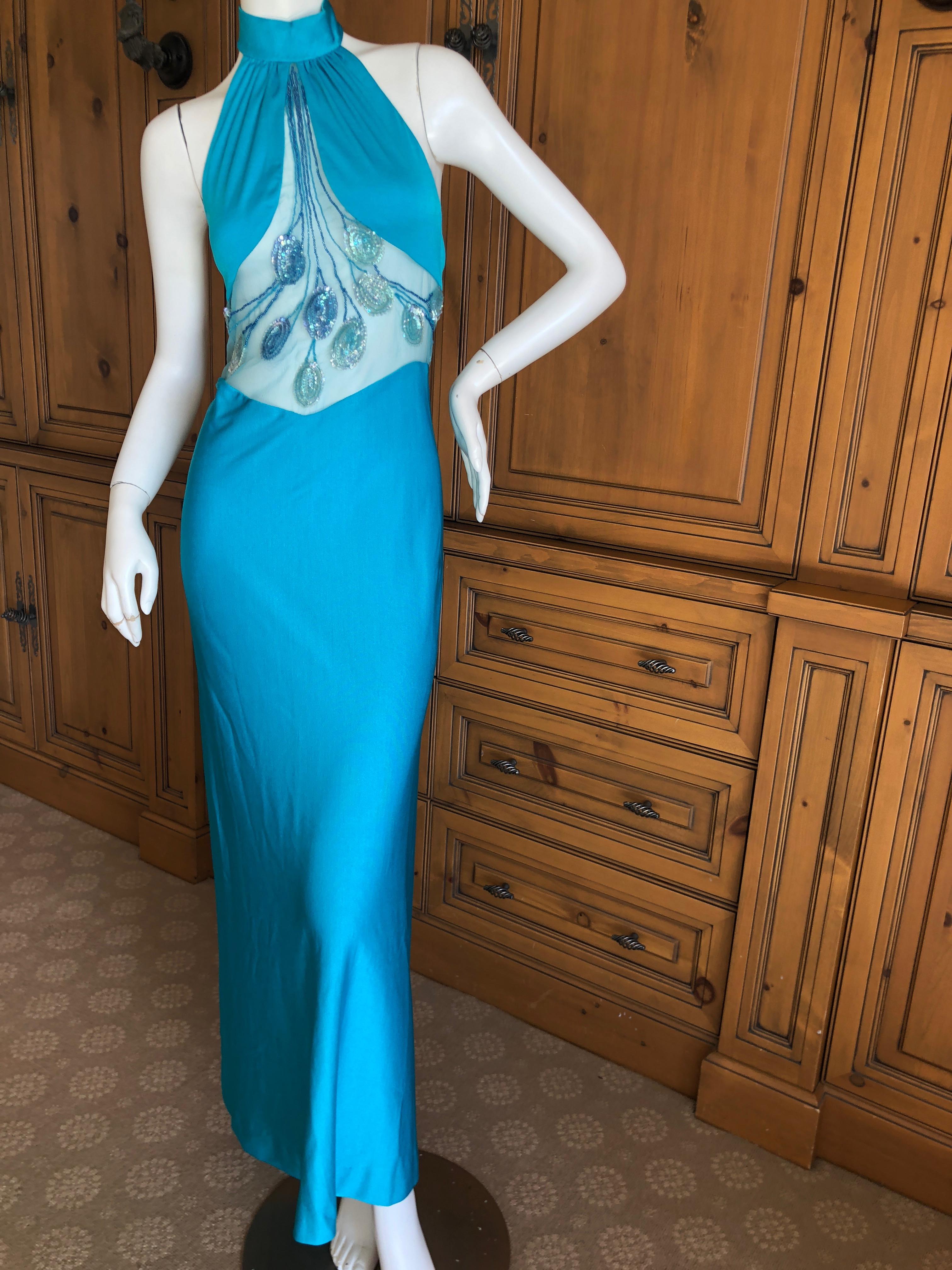Loris Azzaro Couture 1970s Sheer Sequin Accented Turquoise Blue Dress and Cape In Excellent Condition In Cloverdale, CA
