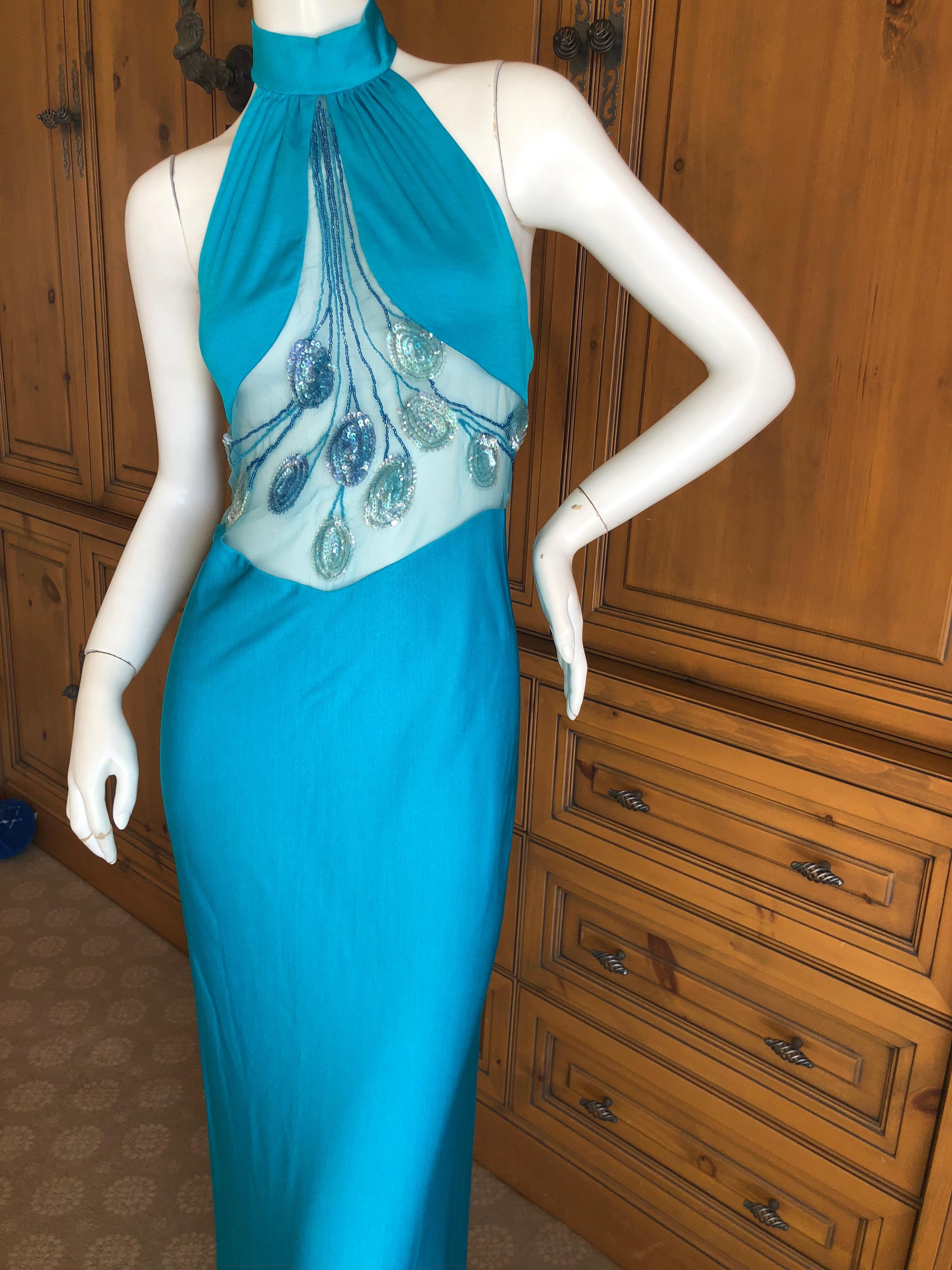 Loris Azzaro Couture 1970s Sheer Sequin Accented Turquoise Blue Dress and Cape 1