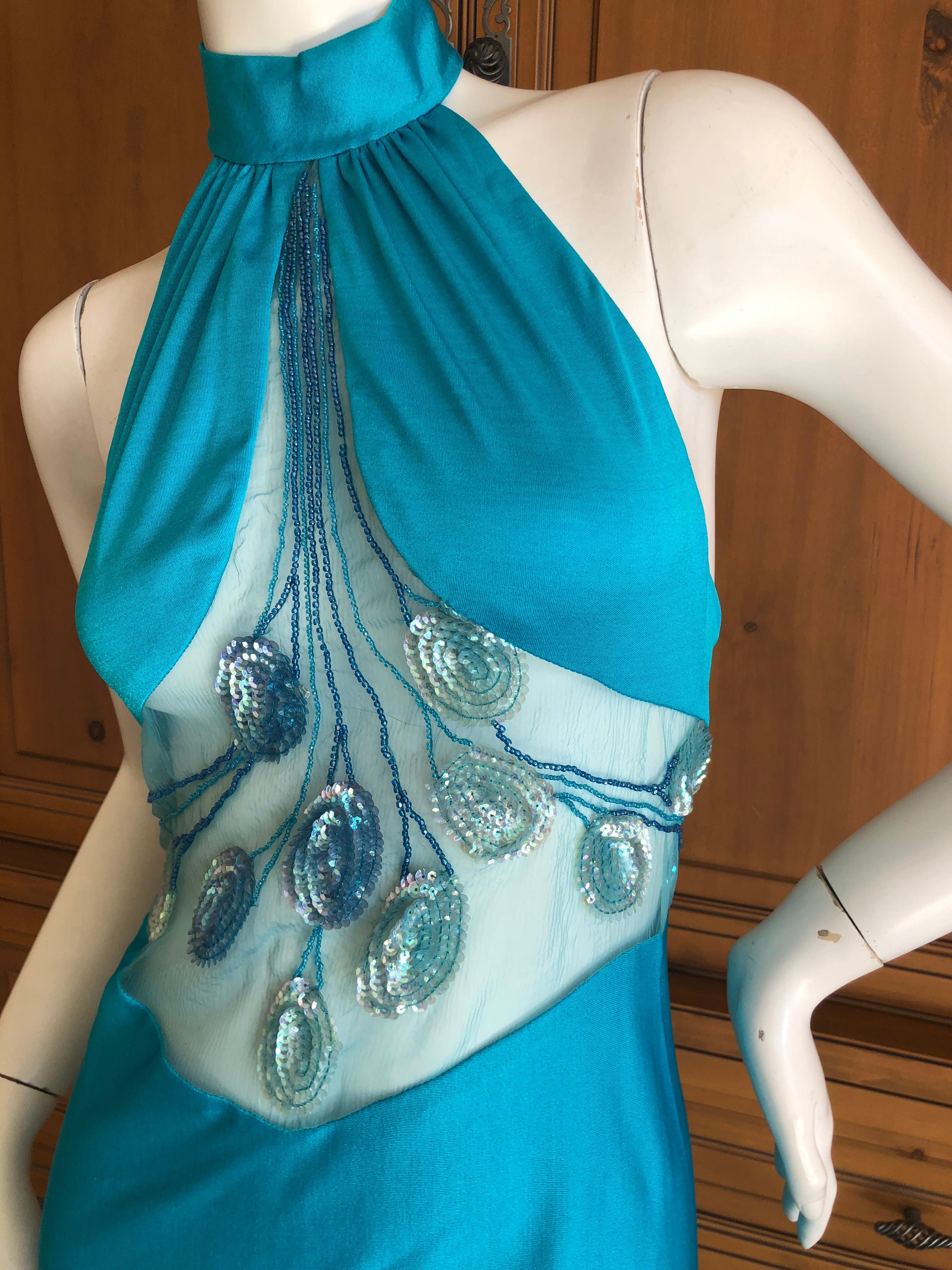 Loris Azzaro Couture 1970s Sheer Sequin Accented Turquoise Blue Dress and Cape 2