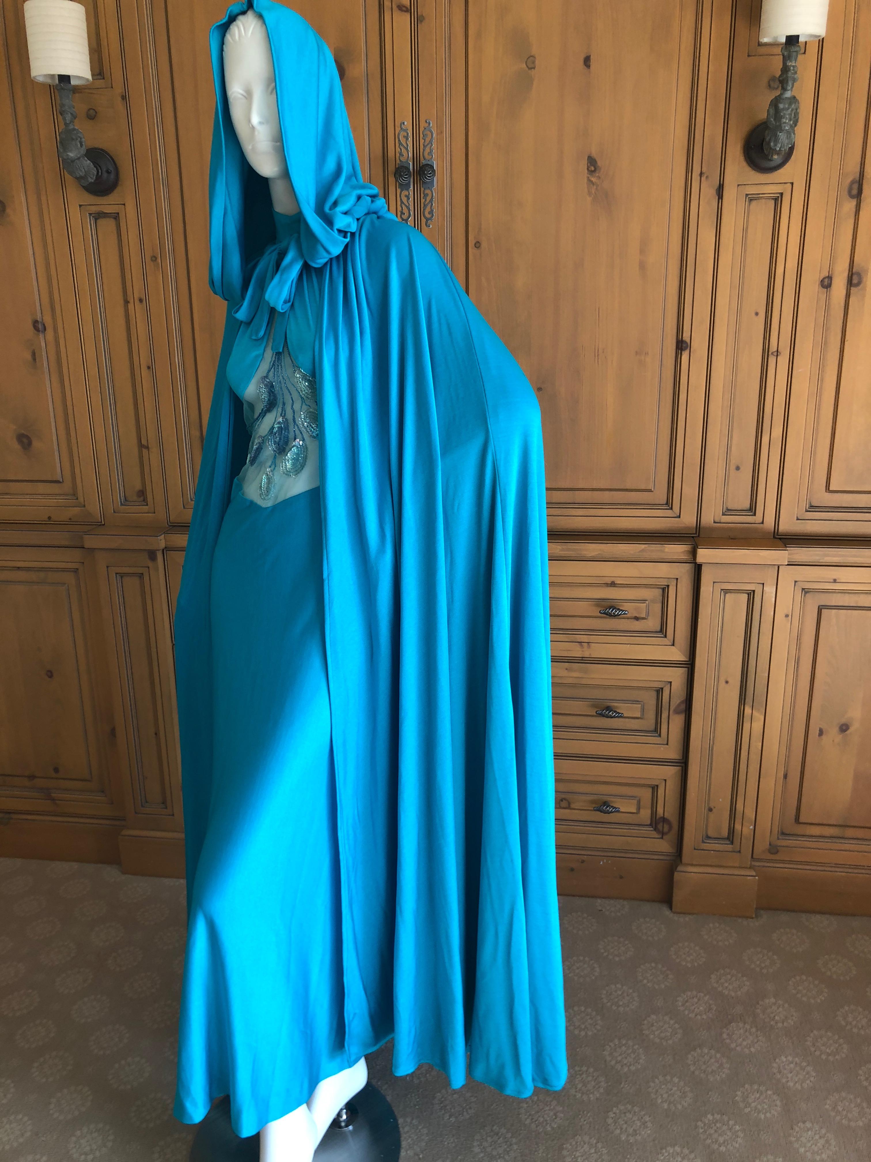 Loris Azzaro Couture 1970s Sheer Sequin Accented Turquoise Blue Dress and Cape 4