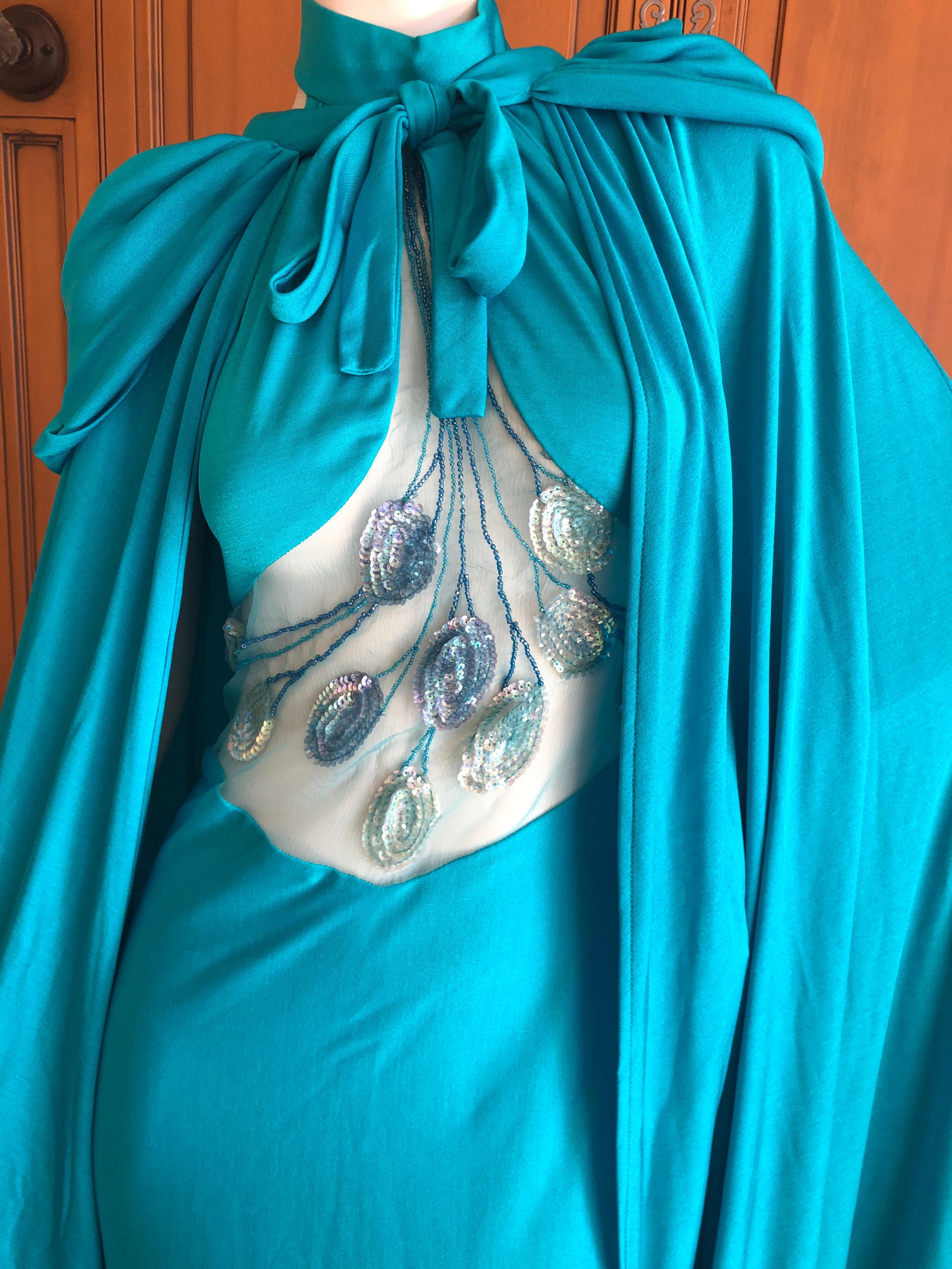 Loris Azzaro Couture 1970s Sheer Sequin Accented Turquoise Blue Dress and Cape 5