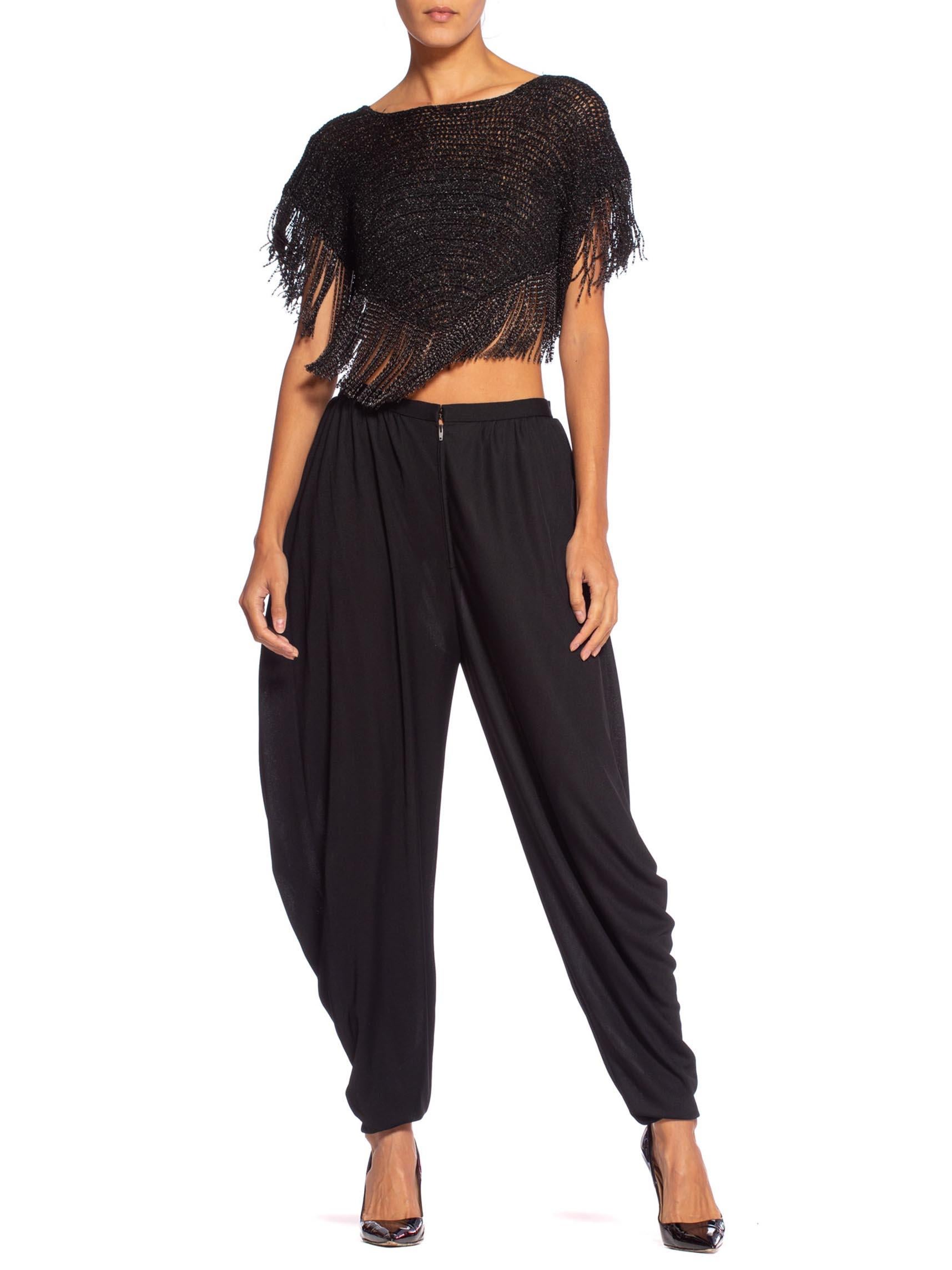 1970'S LORIS AZZARO Couture Silk Jersey Crop Top & Pants Ensemble With Chain Fringe