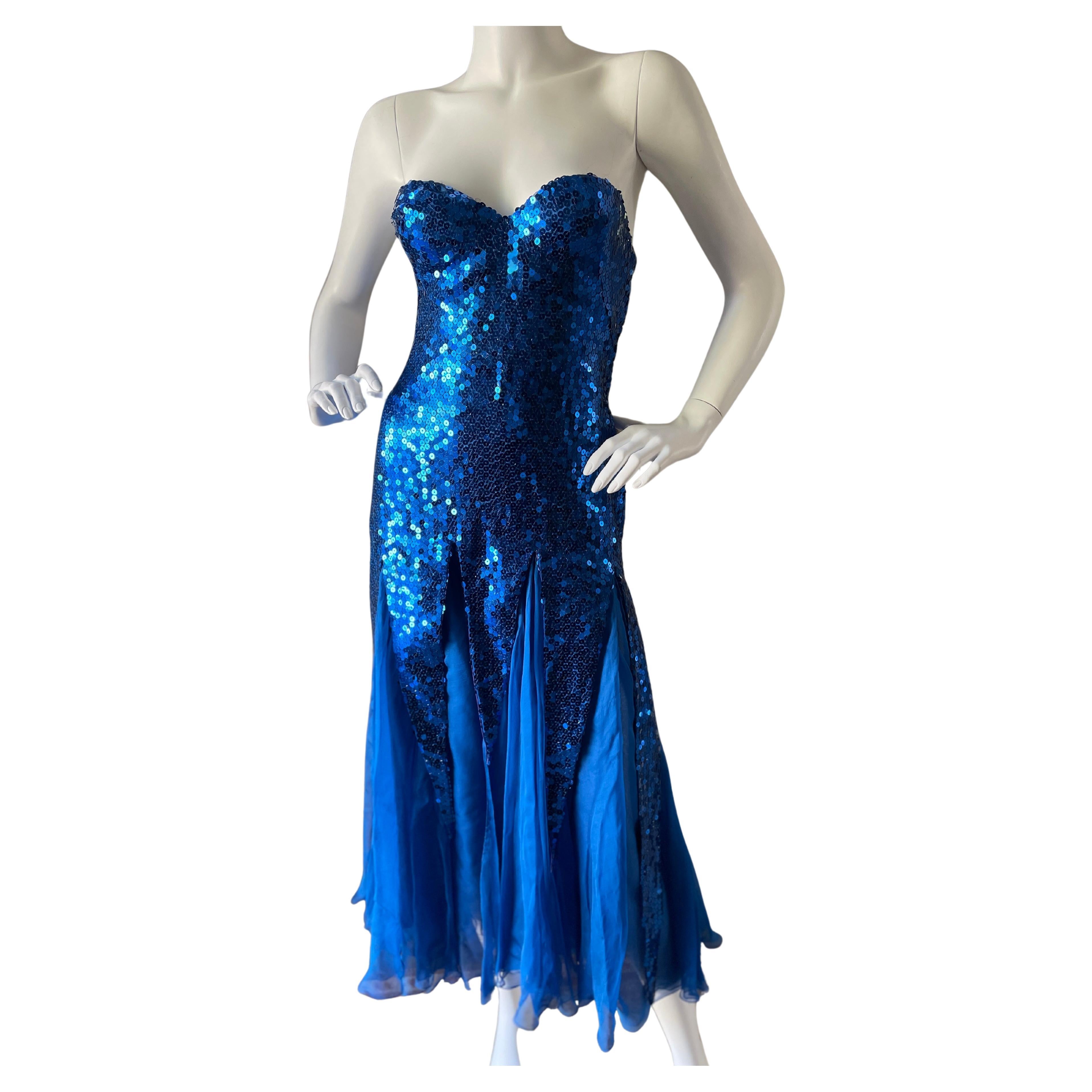 Loris Azzaro Couture 1980's Blue Sequin Evening Dress  For Sale