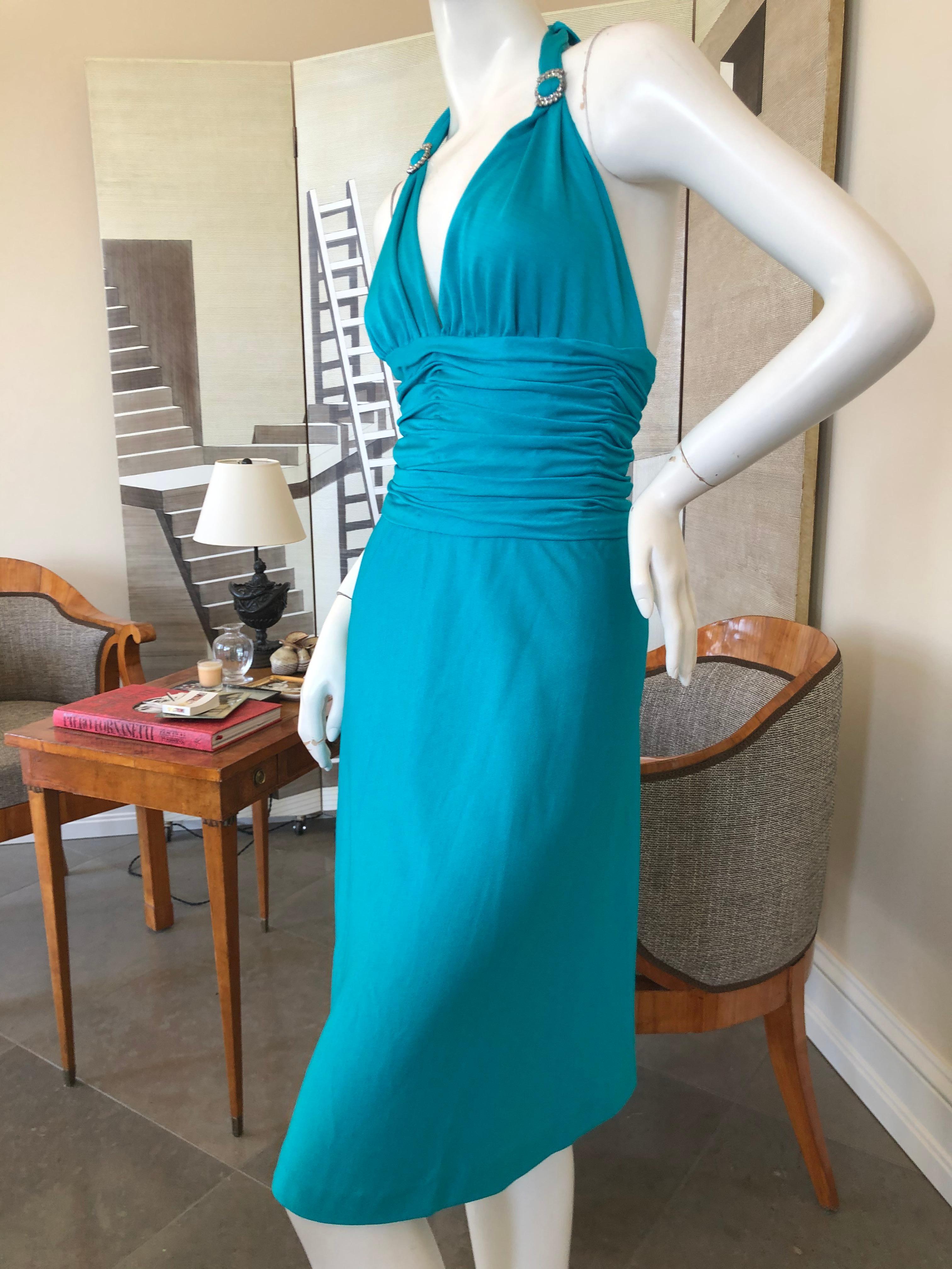 Loris Azzaro Couture 70's Low Cut Blue Cocktail Dress with Crystal Accents. 
This is so wonderful, please use the zoom feature to see details.

No size tag, estimate French size 38-40
 Bust 38