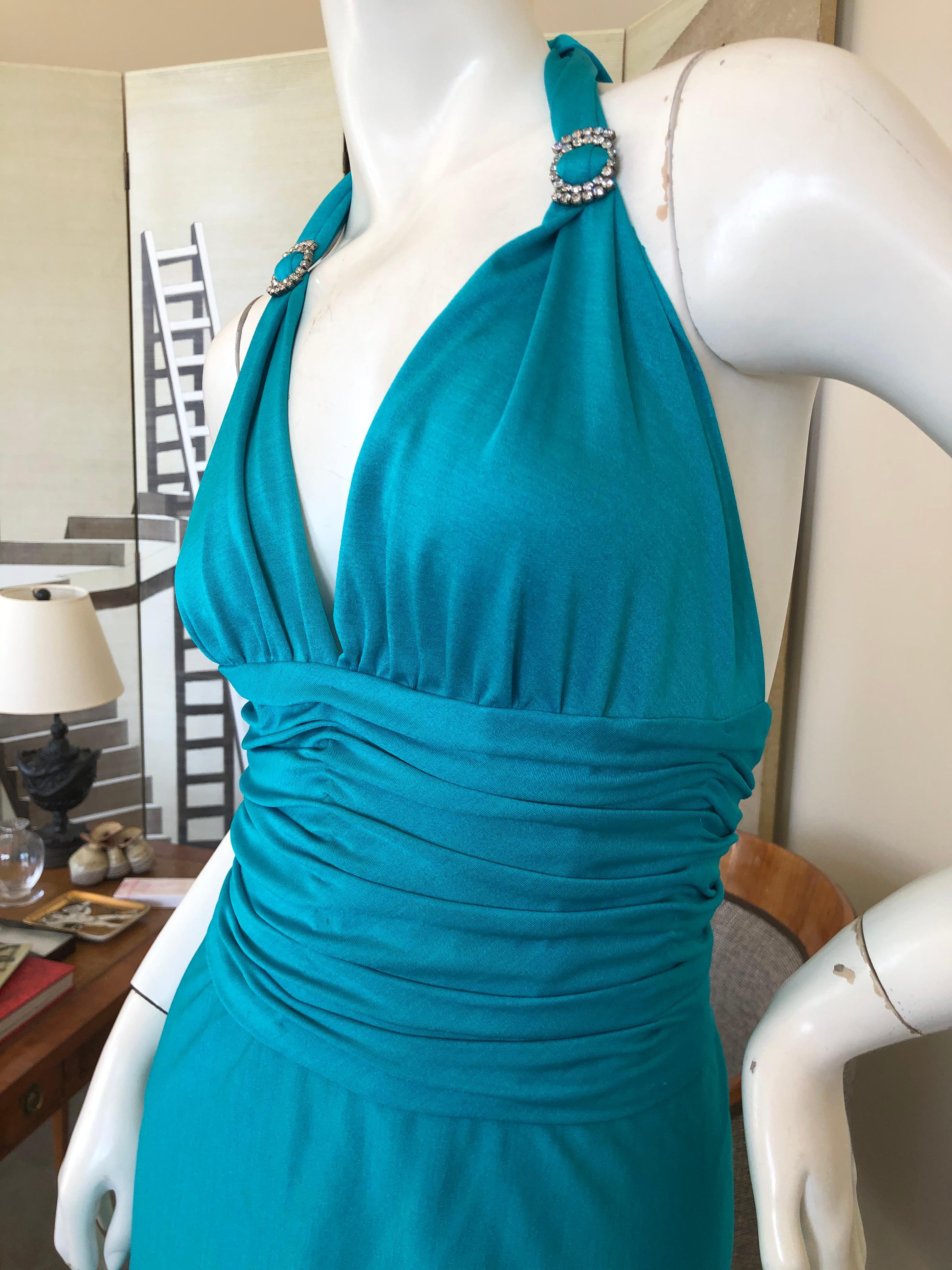 Loris Azzaro Couture 70's Low Cut Blue Cocktail Dress with Crystal Accents In Excellent Condition For Sale In Cloverdale, CA