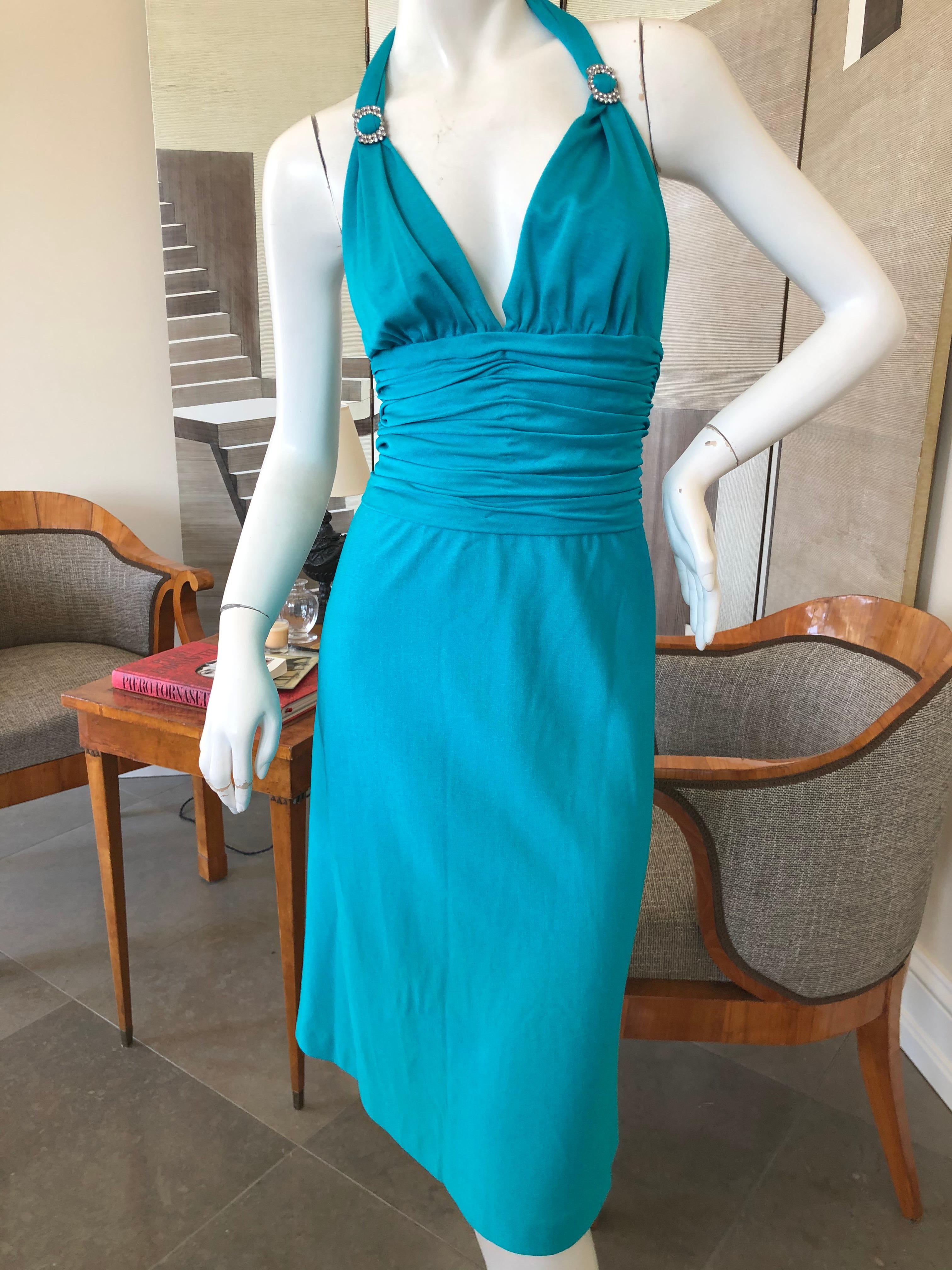 Women's Loris Azzaro Couture 70's Low Cut Blue Cocktail Dress with Crystal Accents For Sale