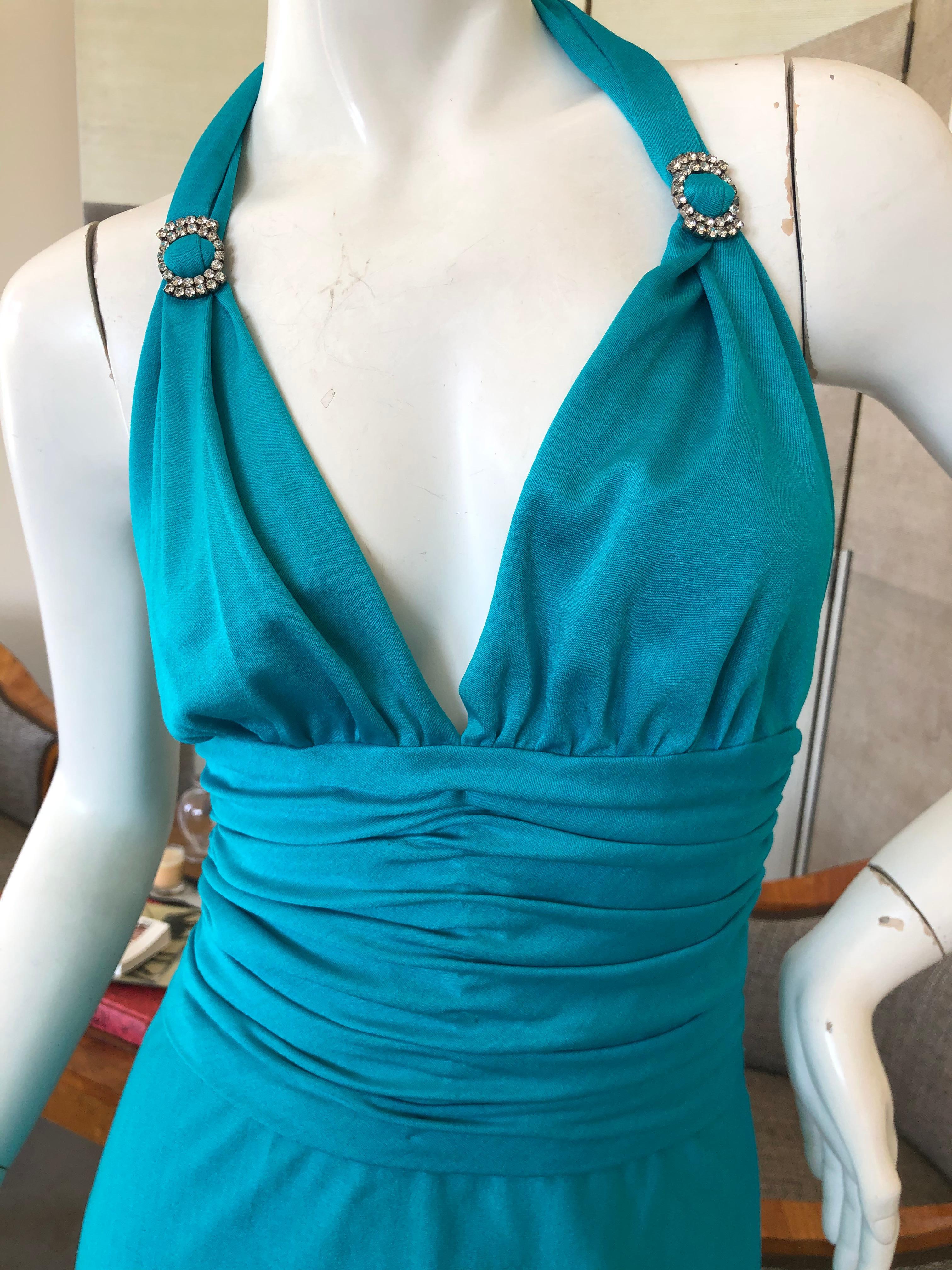 Loris Azzaro Couture 70's Low Cut Blue Cocktail Dress with Crystal Accents For Sale 1