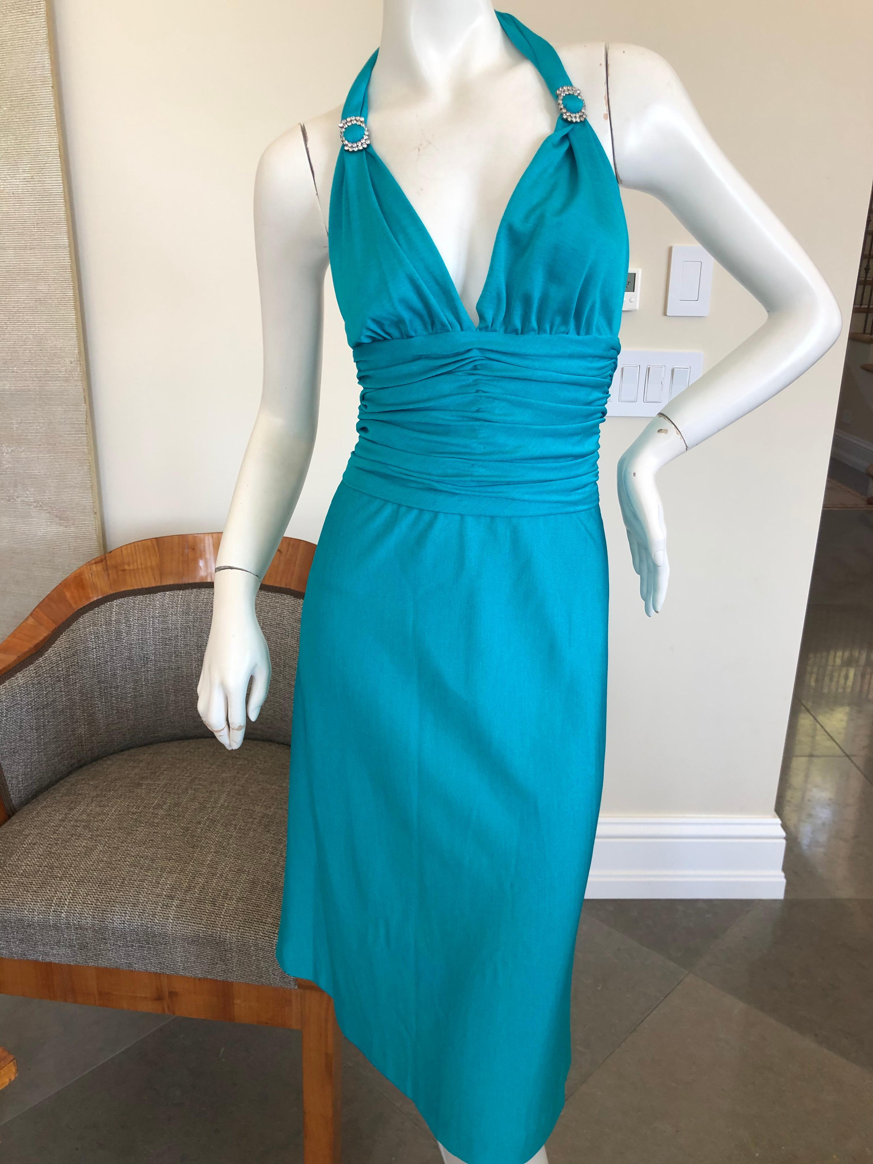 Loris Azzaro Couture 70's Low Cut Blue Cocktail Dress with Crystal Accents For Sale 2