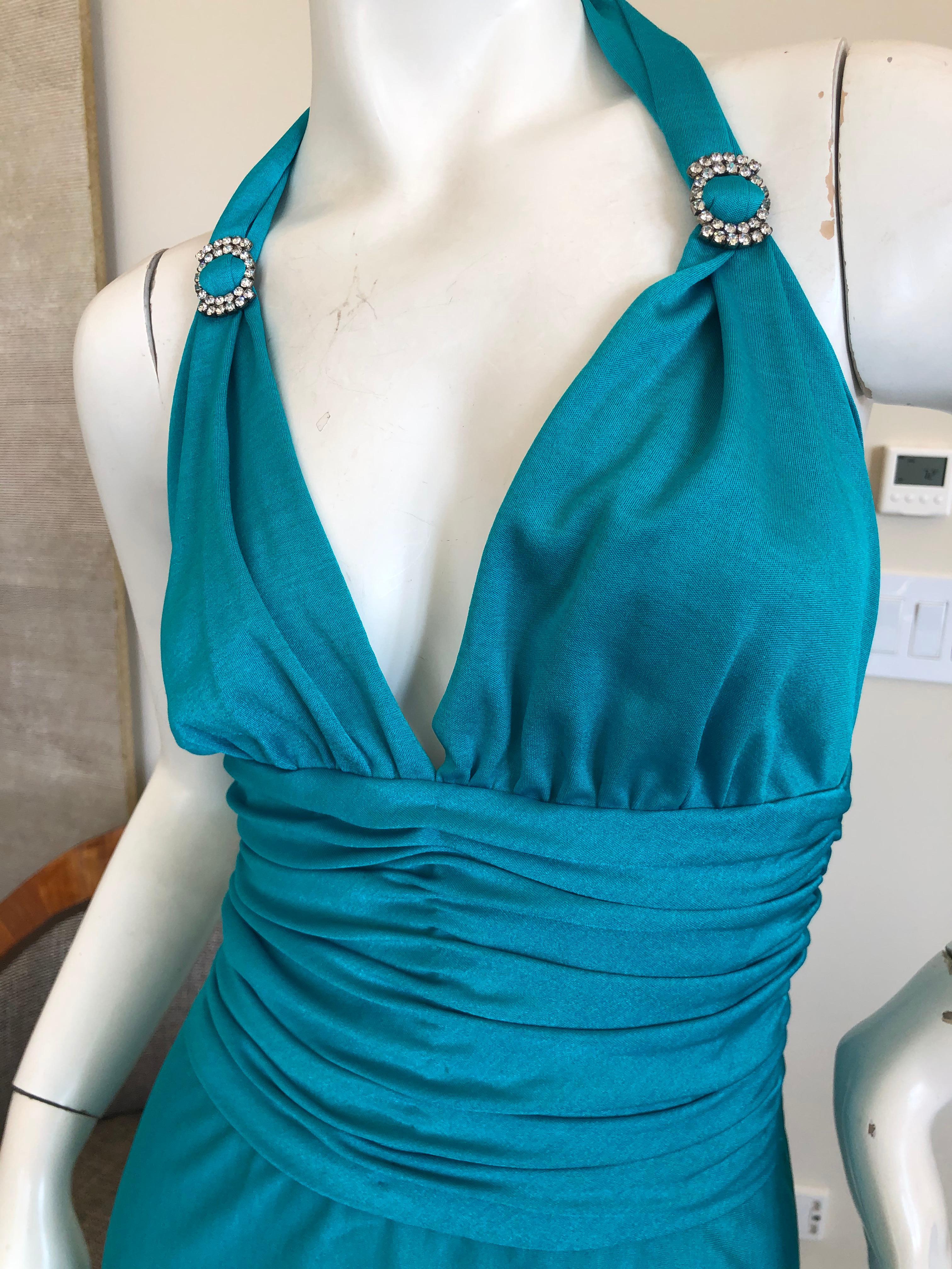 Loris Azzaro Couture 70's Low Cut Blue Cocktail Dress with Crystal Accents For Sale 3