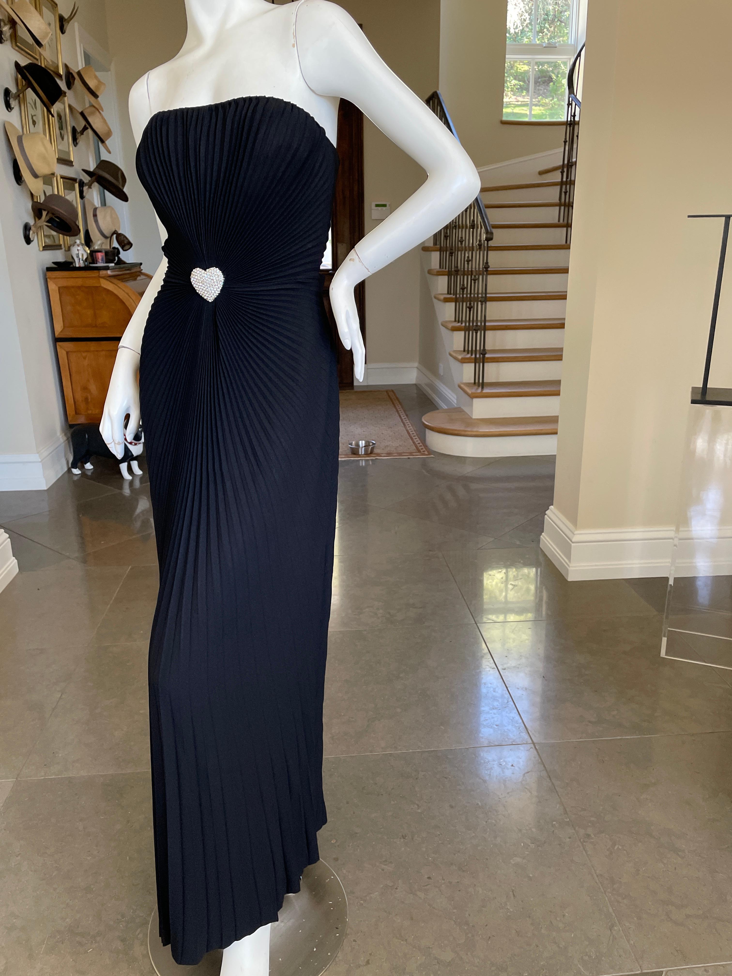 Black Loris Azzaro Couture 80's Strapless Pleated Evening Dress w Crystal Heart Accent For Sale