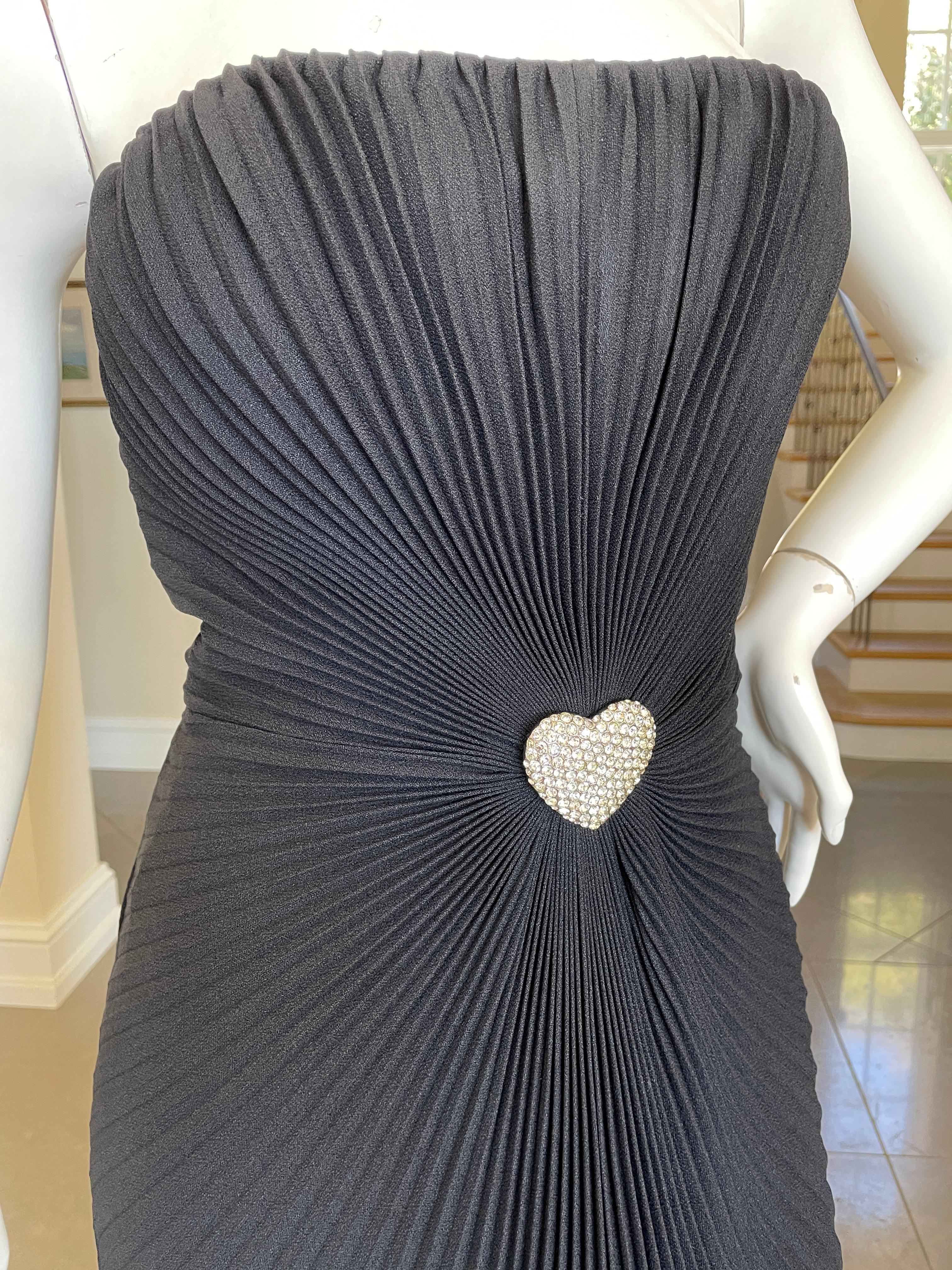 Loris Azzaro Couture 80's Strapless Pleated Evening Dress w Crystal Heart Accent In Excellent Condition For Sale In Cloverdale, CA
