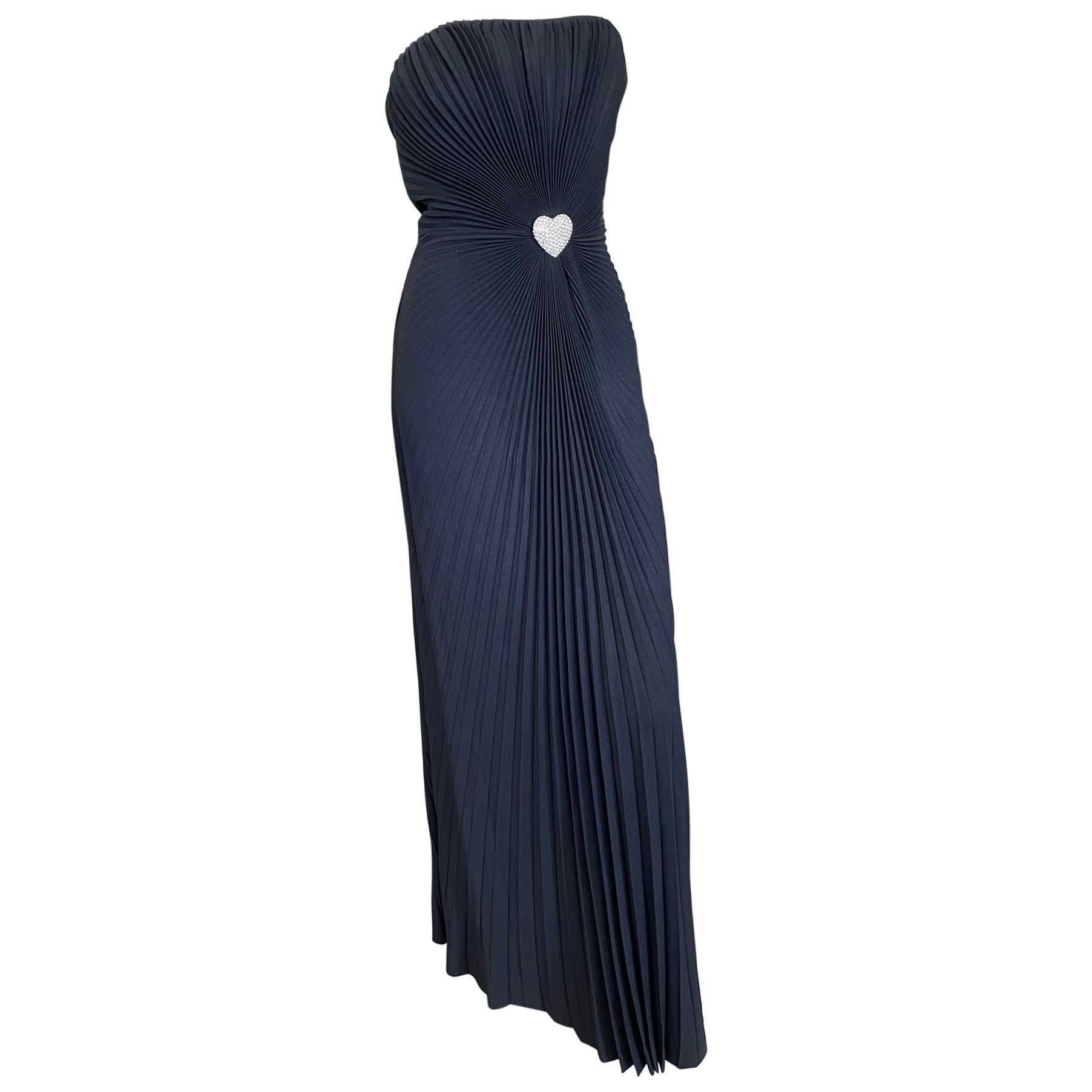 Loris Azzaro Couture 80's Strapless Pleated Evening Dress w Crystal Heart Accent For Sale