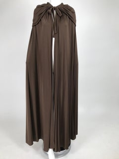 Loris Azzaro Couture Chocolate Brown Silky Jersey Full Length Hooded Cape 1970s