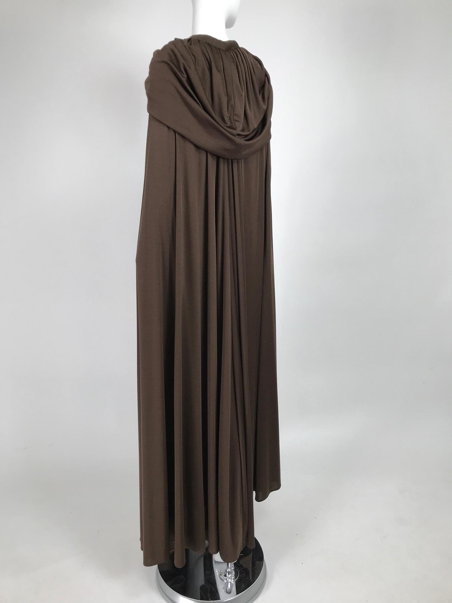 Black Loris Azzaro Couture Chocolate Brown Silky Jersey Full Length Hooded Cape 1970s For Sale