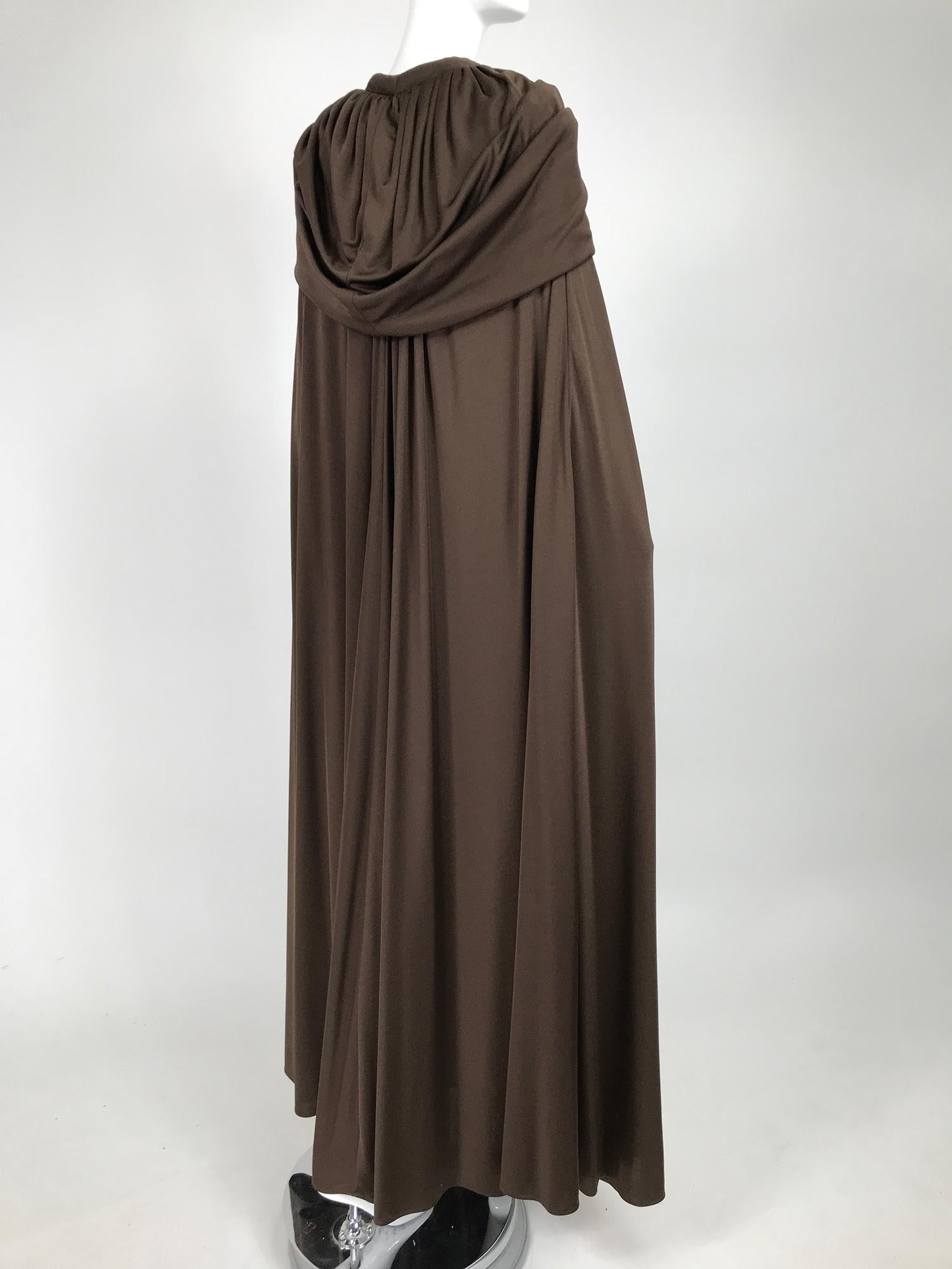 Women's Loris Azzaro Couture Chocolate Brown Silky Jersey Full Length Hooded Cape 1970s For Sale