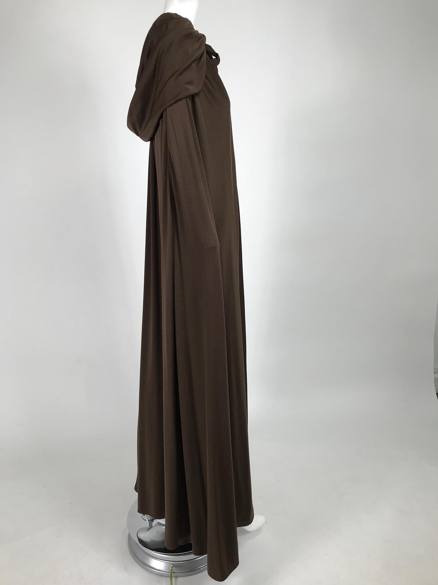 Loris Azzaro Couture Chocolate Brown Silky Jersey Full Length Hooded Cape 1970s For Sale 1