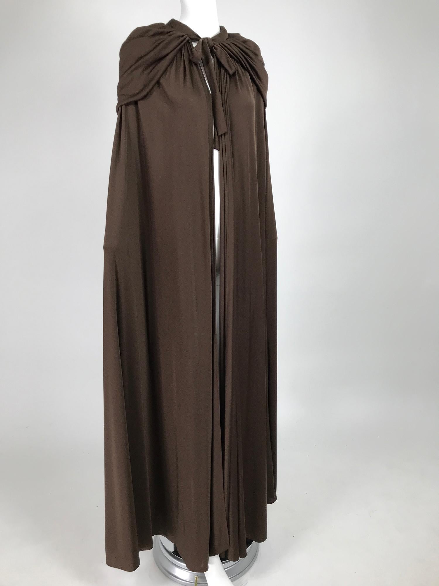 Loris Azzaro Couture Chocolate Brown Silky Jersey Full Length Hooded Cape 1970s For Sale 2