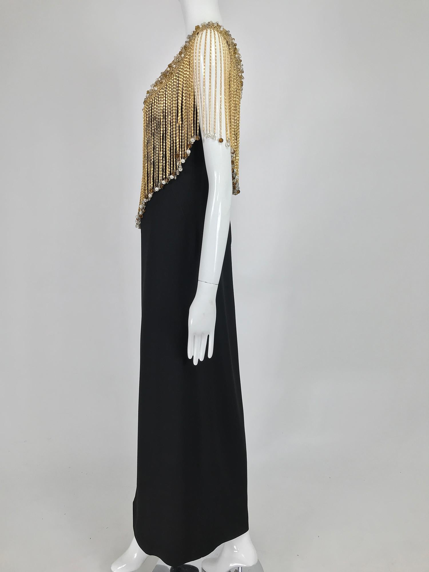 Loris Azzaro Couture Gold Chain Fringe Collar Black Maxi Dress 1970s 3