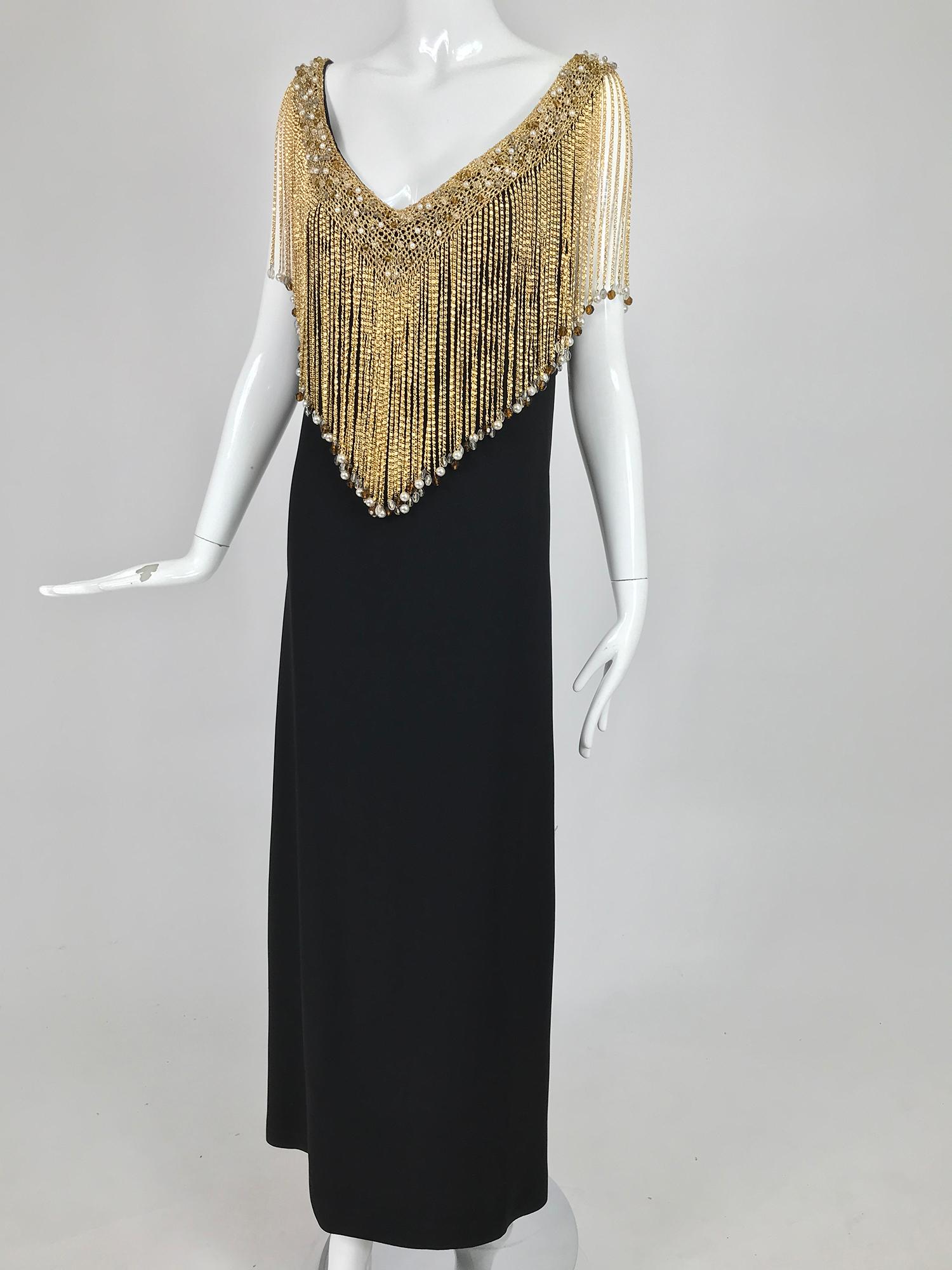 Loris Azzaro Couture Gold Chain Fringe Collar Black Maxi Dress 1970s 4