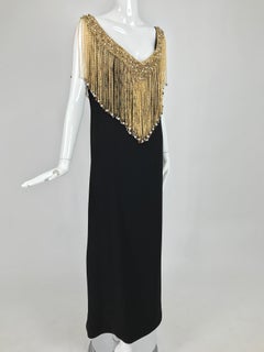 Loris Azzaro Couture Gold Chain Fringe Collar Black Maxi Dress 1970s