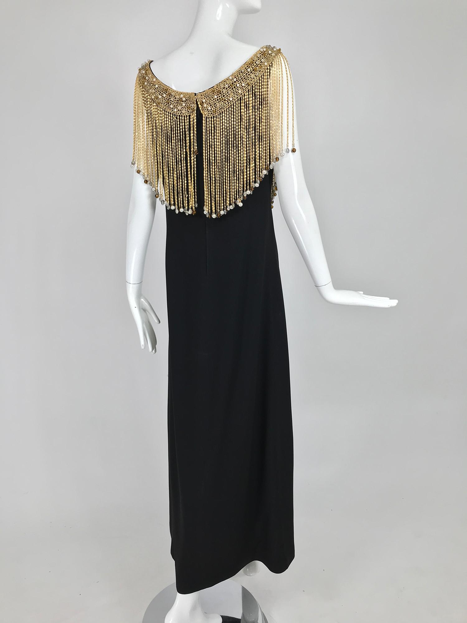 Loris Azzaro Couture Gold Chain Fringe Collar Black Maxi Dress 1970s In Good Condition In West Palm Beach, FL