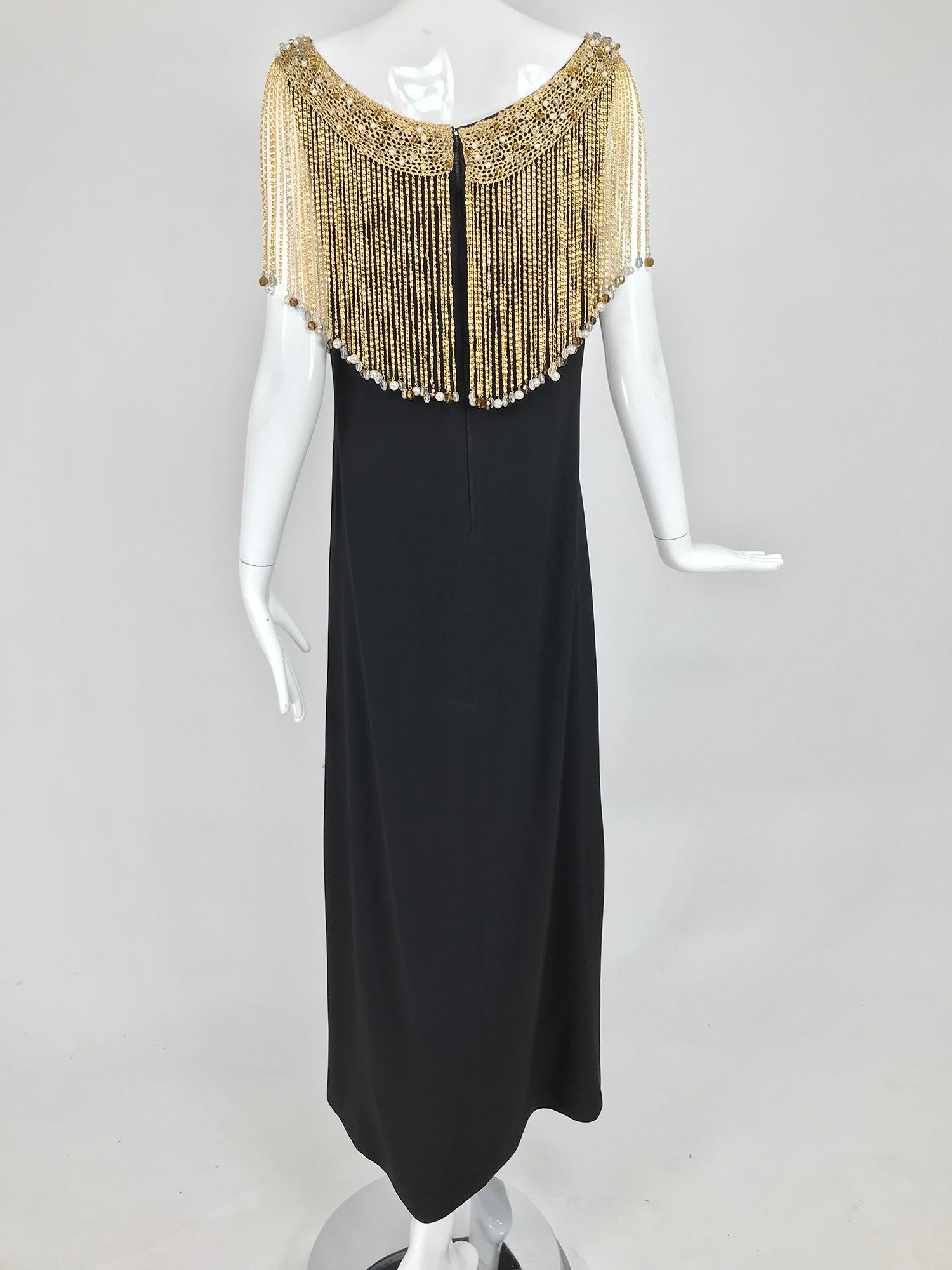 Women's Loris Azzaro Couture Gold Chain Fringe Collar Black Maxi Dress 1970s