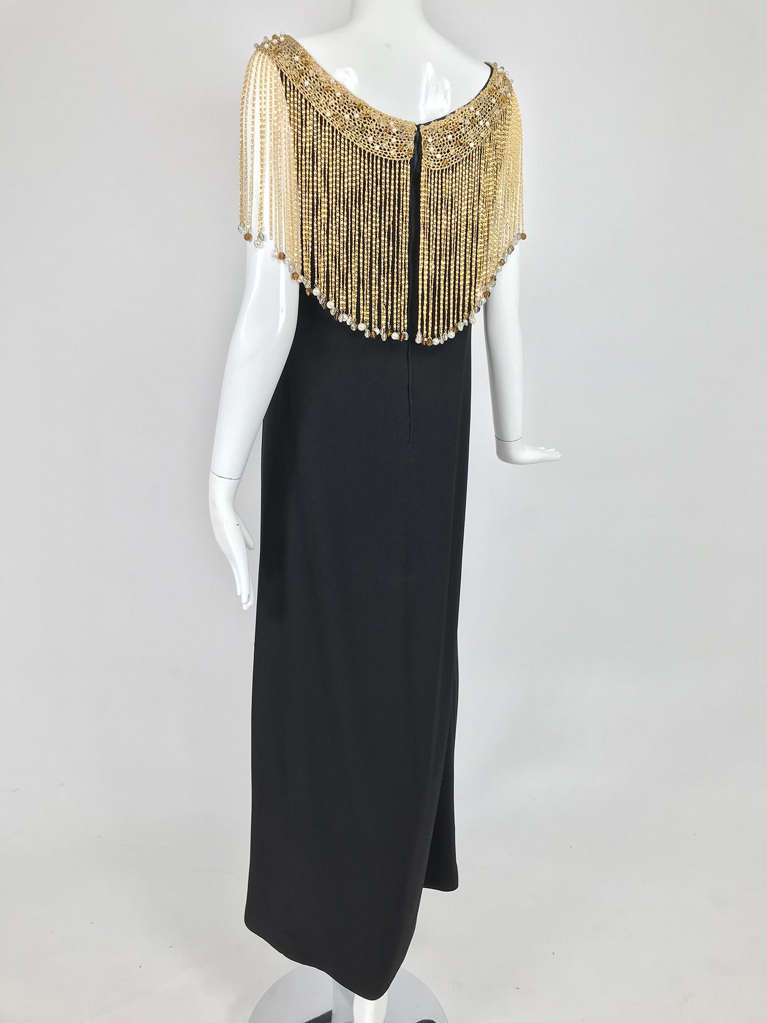 Loris Azzaro Couture Gold Chain Fringe Collar Black Maxi Dress 1970s 1