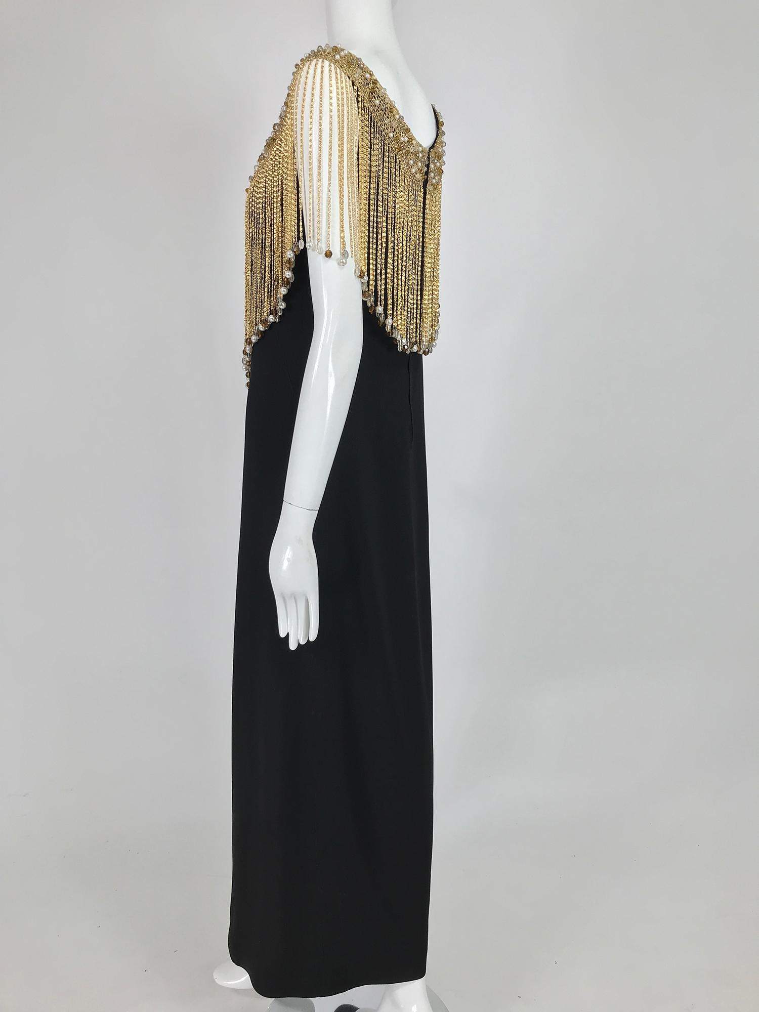 Loris Azzaro Couture Gold Chain Fringe Collar Black Maxi Dress 1970s 2