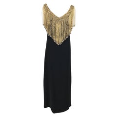 Vintage Loris Azzaro Couture Gold Chain Fringe Collar Black Maxi Dress 1970s