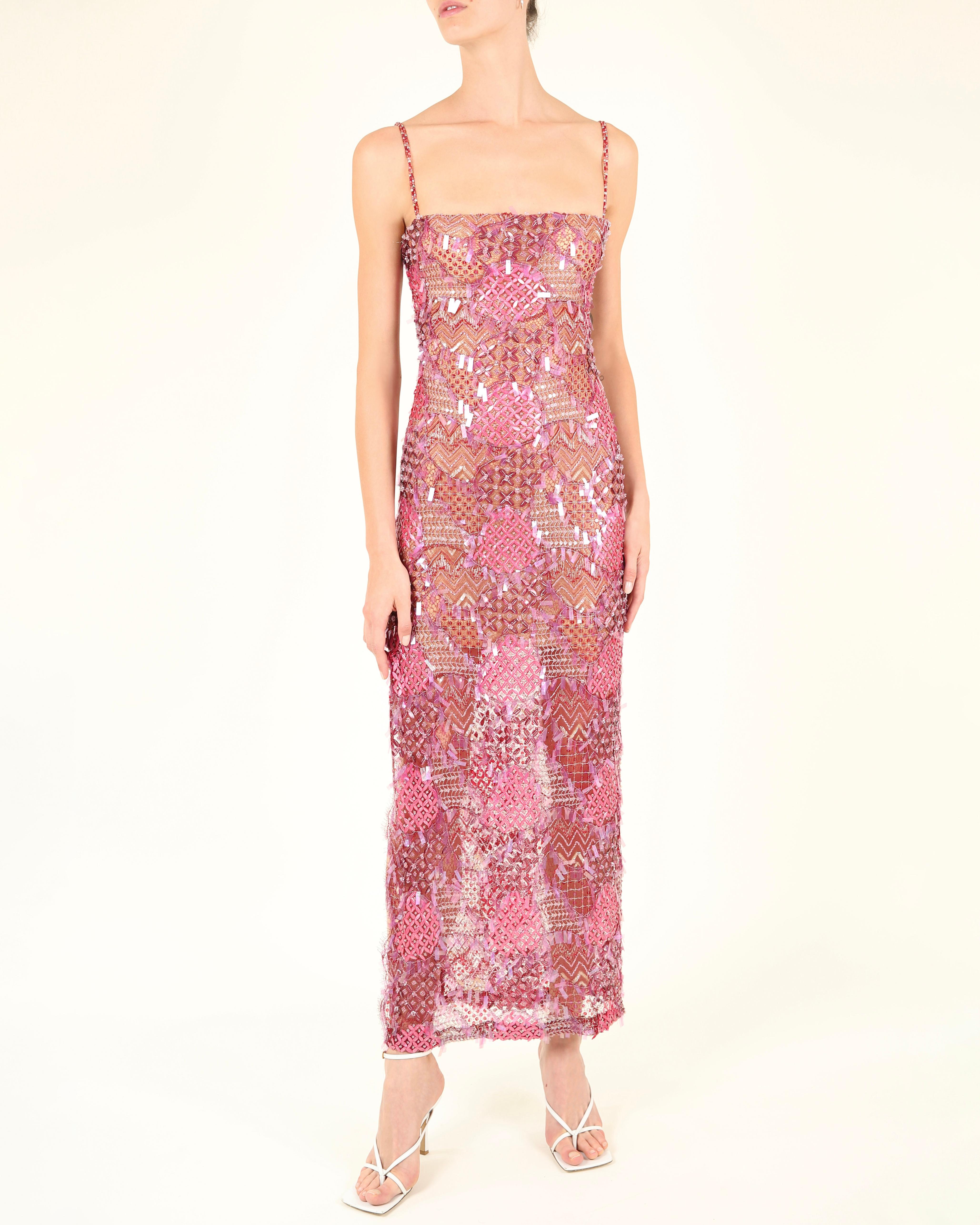 Loris Azzaro couture pink embellished sequin beaded sheer slit bustier dress XS For Sale 7