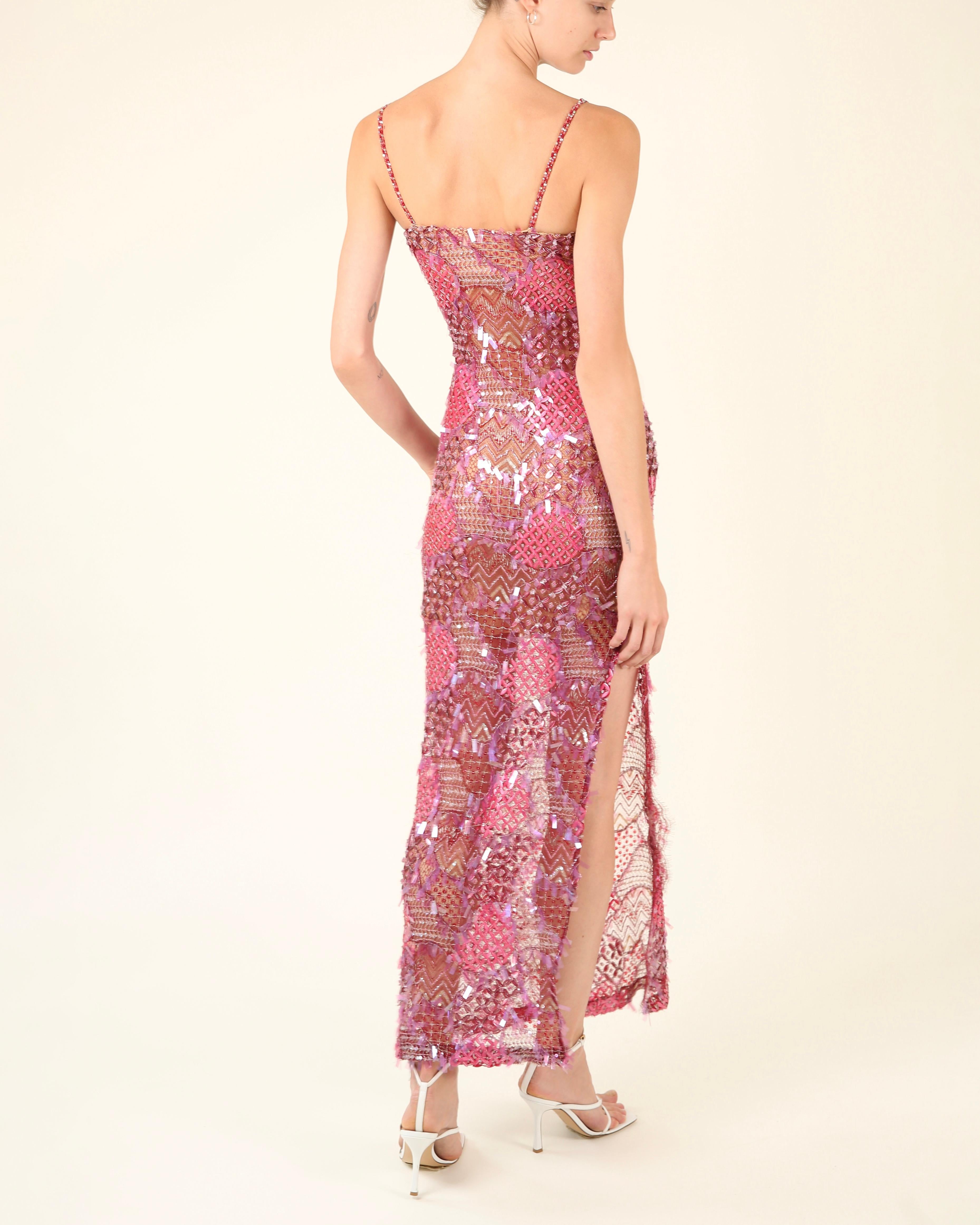 Loris Azzaro couture pink embellished sequin beaded sheer slit bustier dress XS For Sale 15