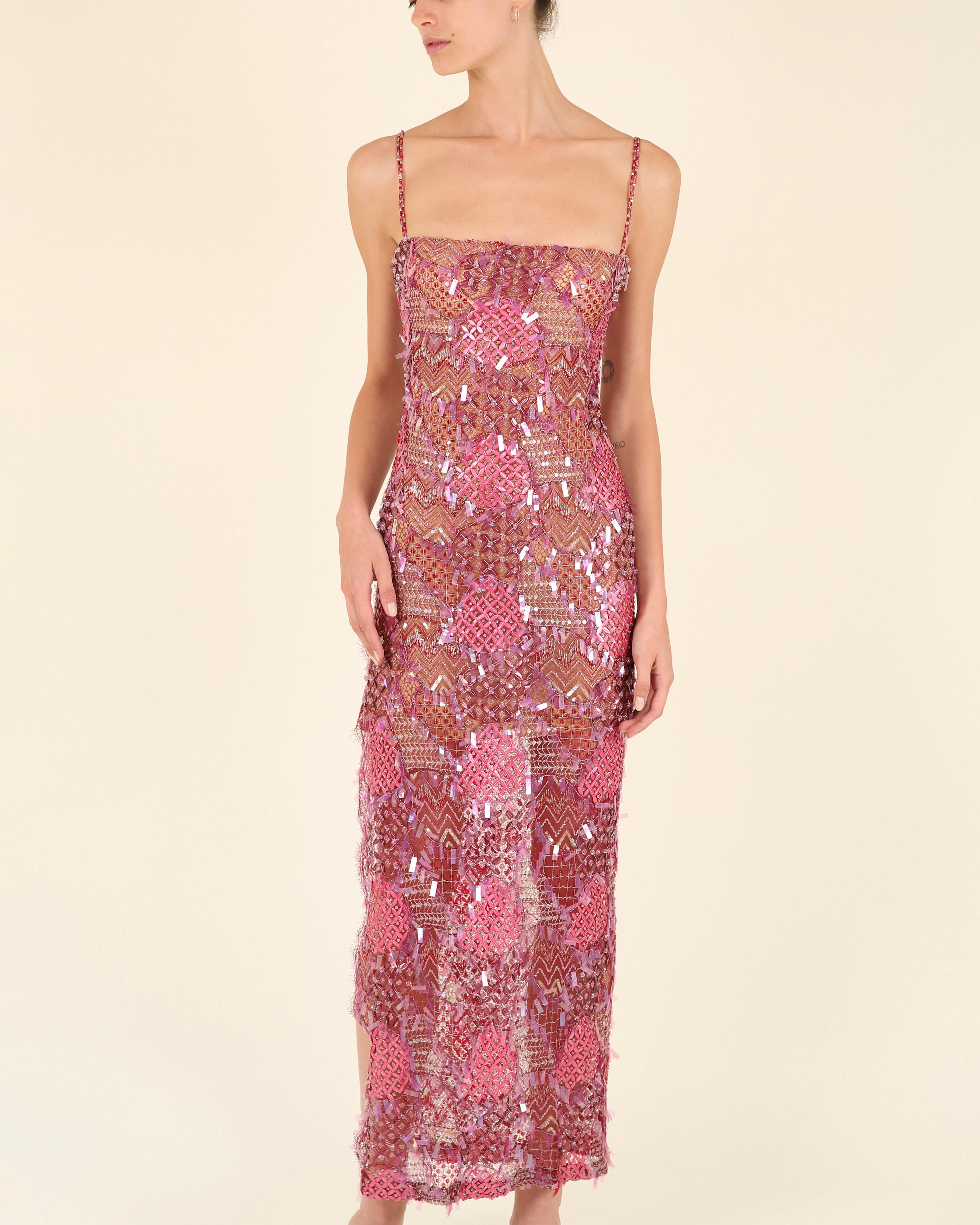 Loris Azzaro couture pink embellished sequin beaded sheer slit bustier dress XS In Excellent Condition For Sale In Paris, FR
