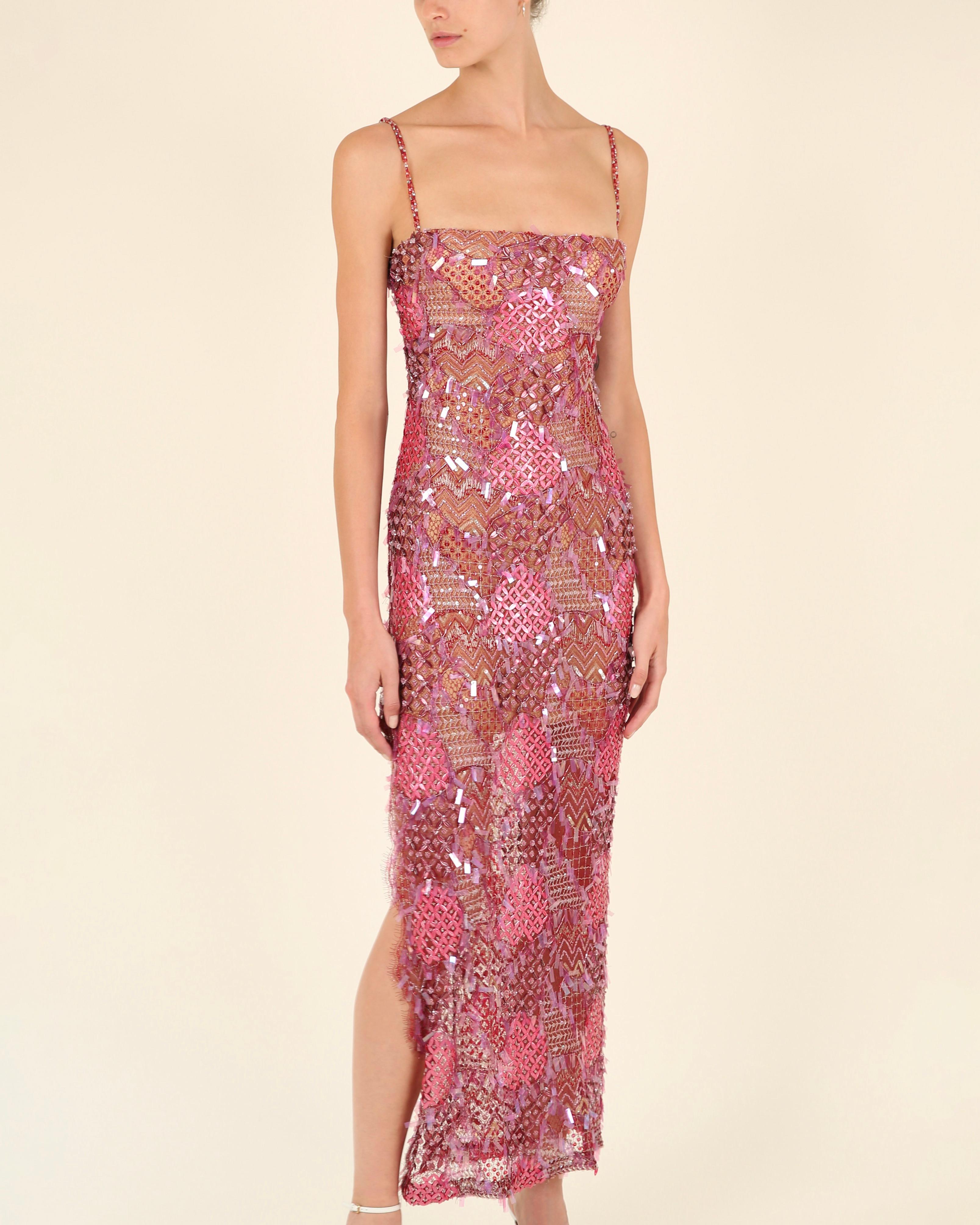 Loris Azzaro couture pink embellished sequin beaded sheer slit bustier dress XS For Sale 1