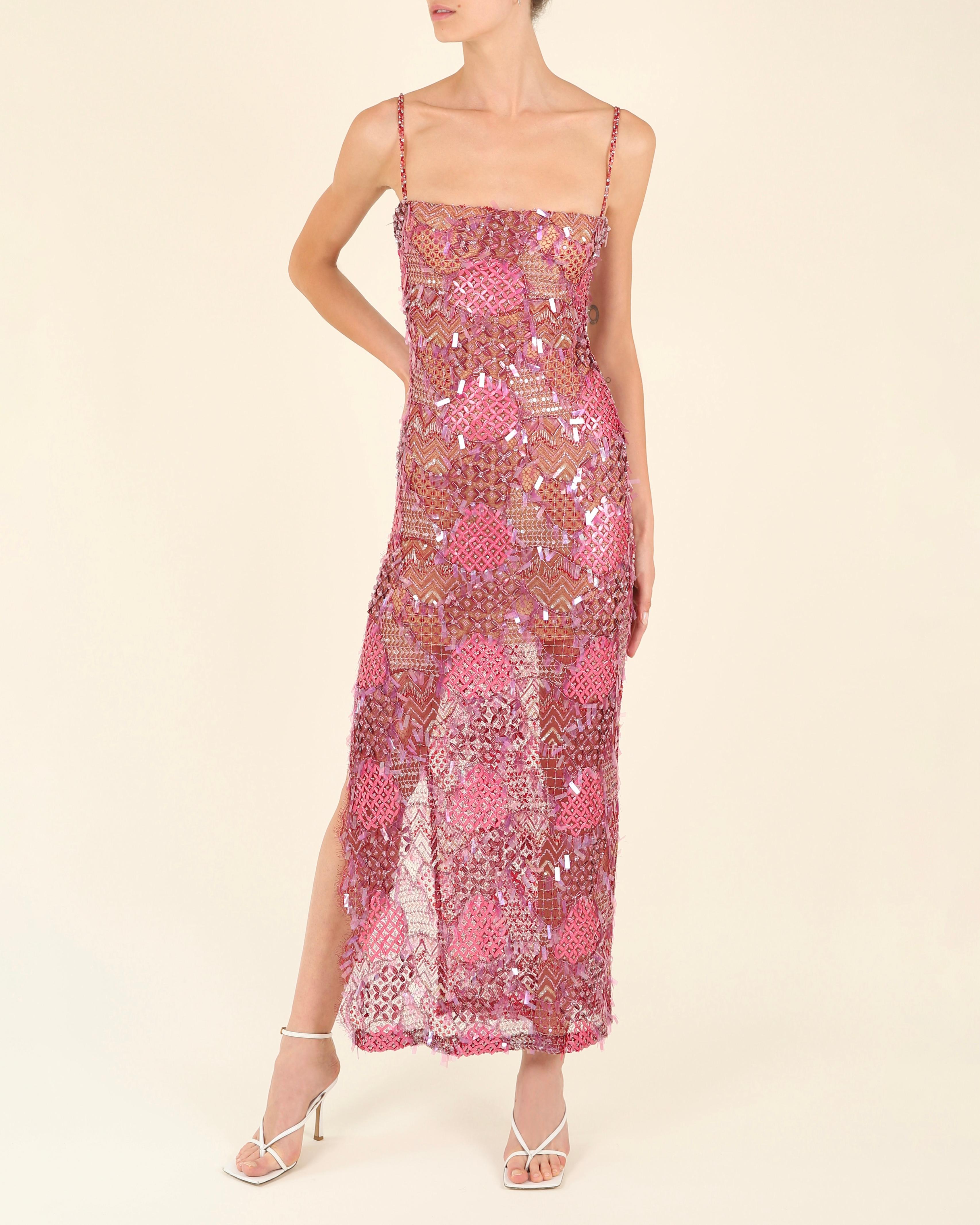 Loris Azzaro couture pink embellished sequin beaded sheer slit bustier dress XS For Sale 2