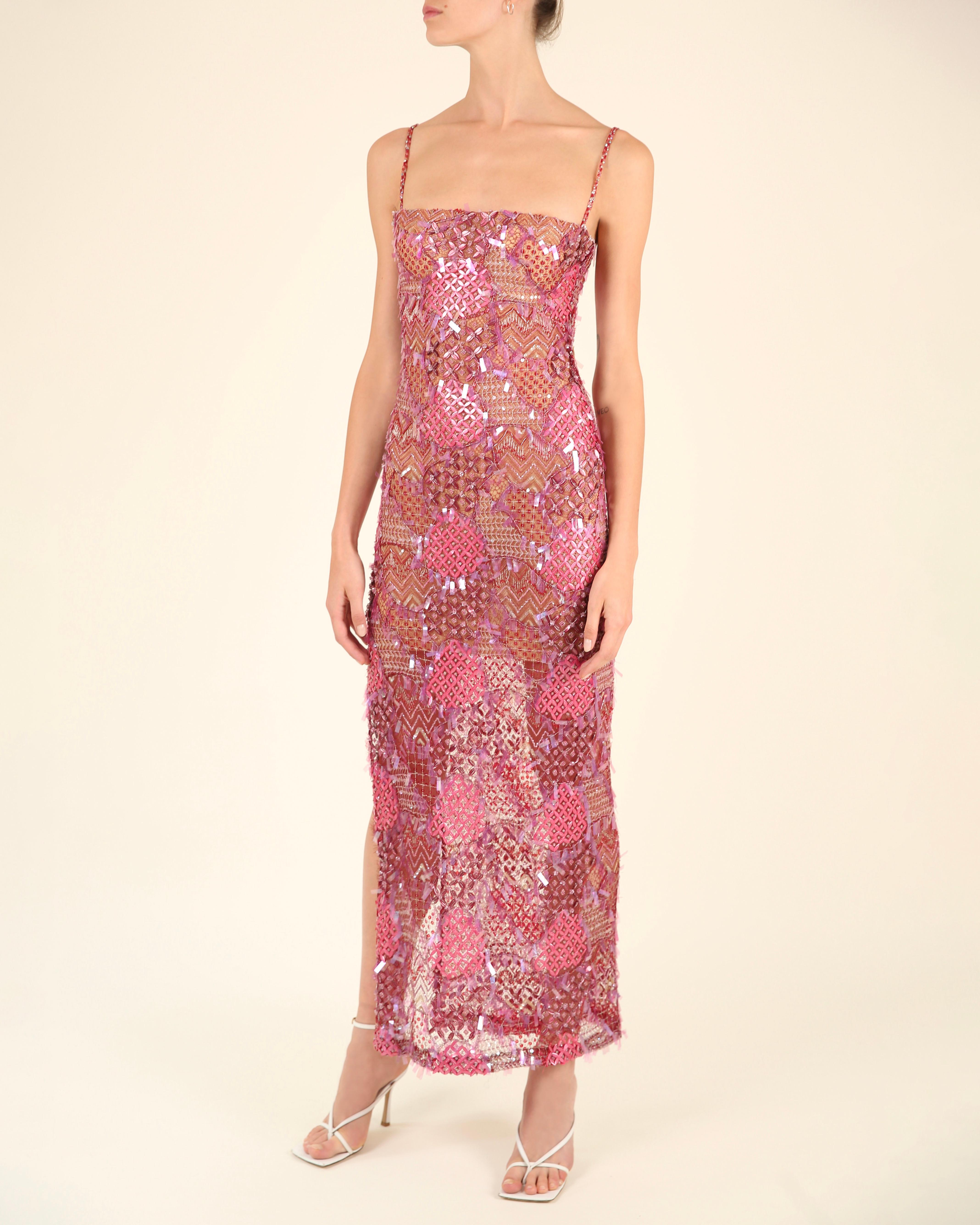 Loris Azzaro couture pink embellished sequin beaded sheer slit bustier dress XS For Sale 3