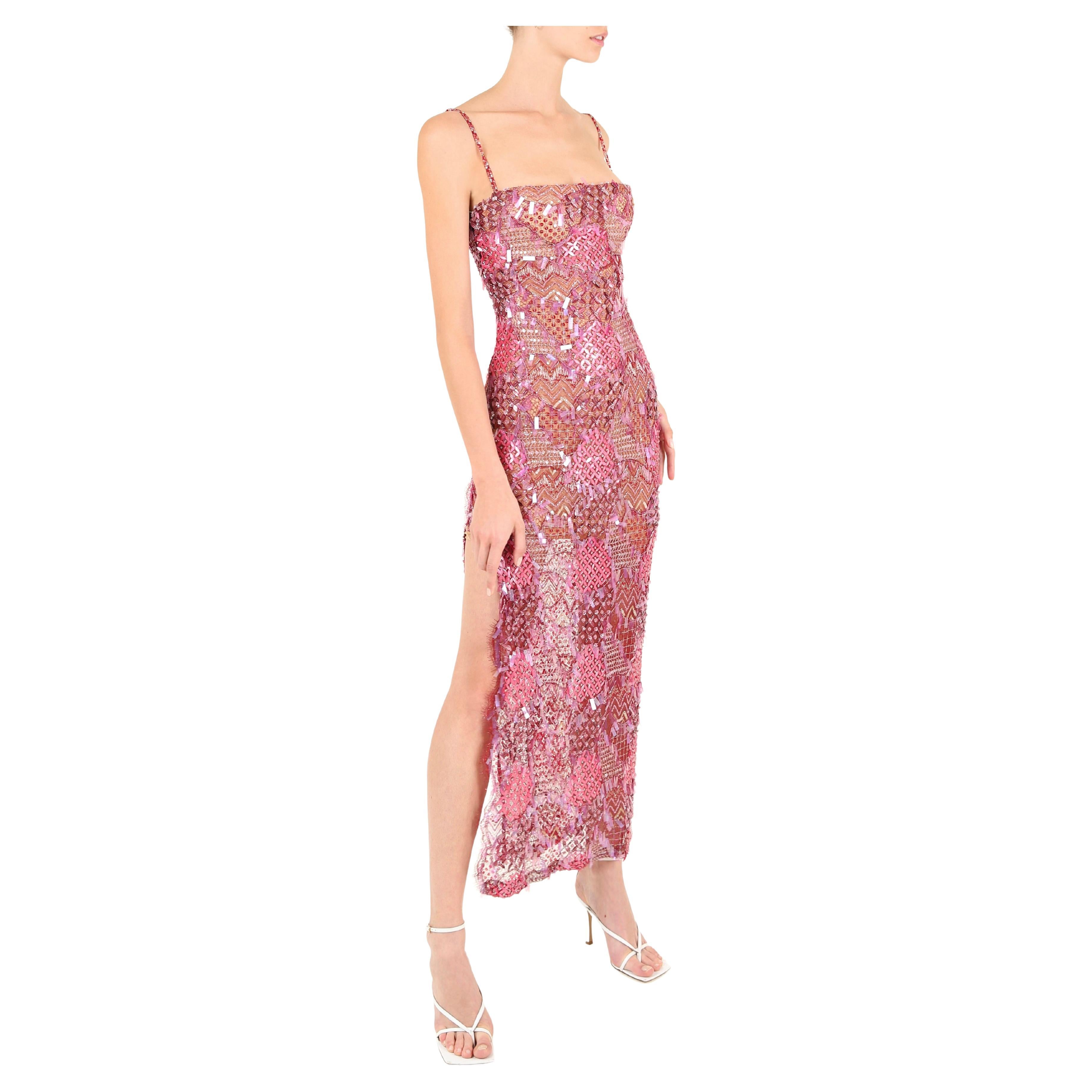 Loris Azzaro couture pink embellished sequin beaded sheer slit bustier dress XS For Sale