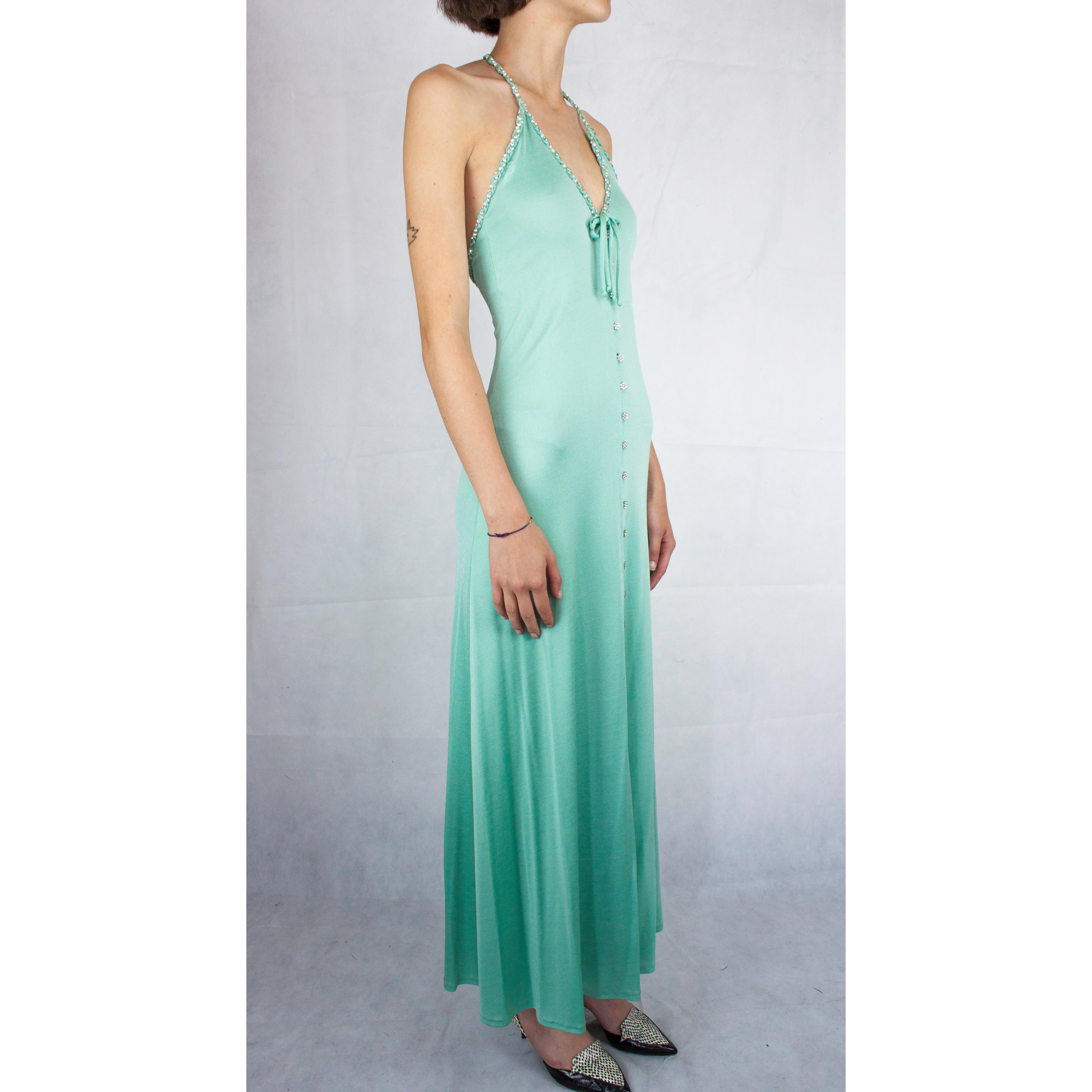 Loris Azzaro couture turquoise  silk jersey open back cocktail dress, circa 1970 In Excellent Condition For Sale In London, GB