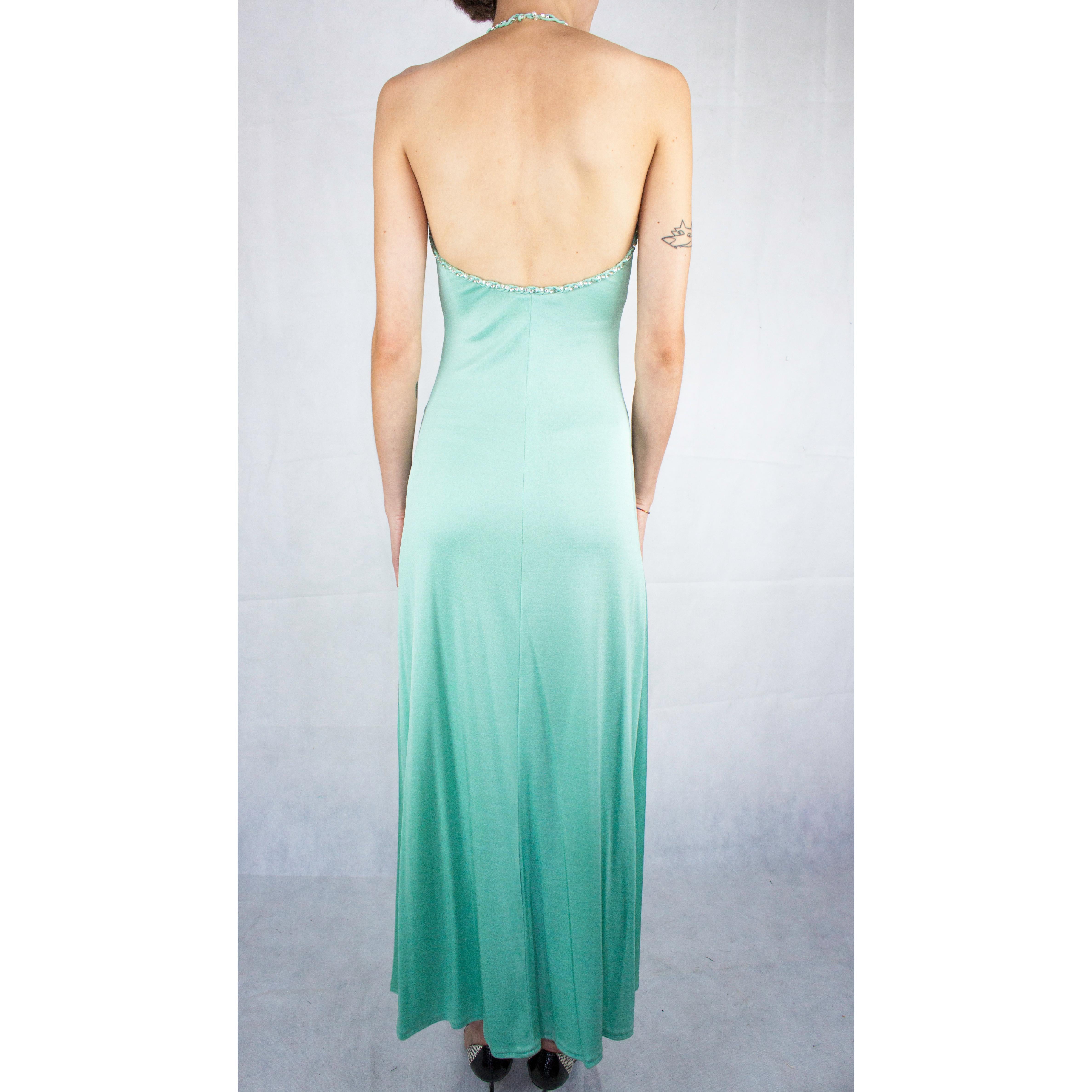 Women's Loris Azzaro couture turquoise  silk jersey open back cocktail dress, circa 1970 For Sale