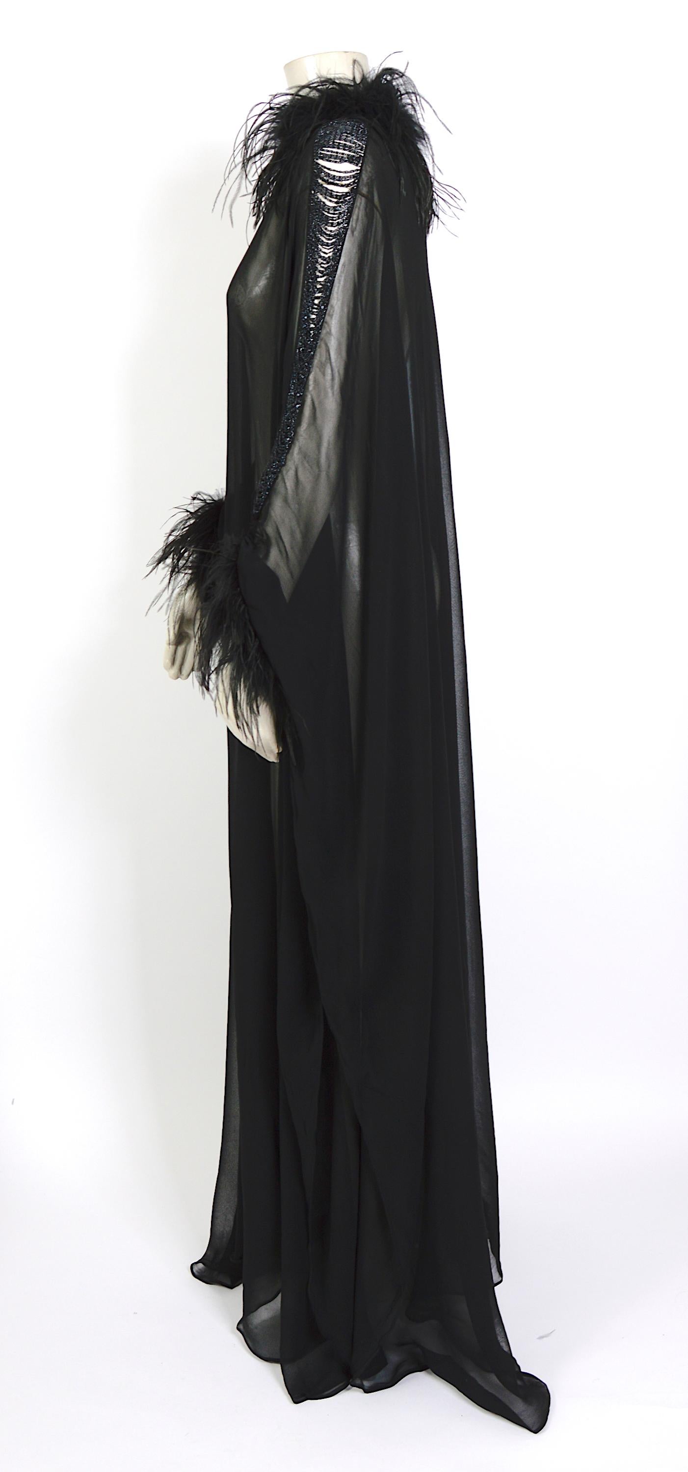 Black Loris Azzaro couture vintage black silk feather & chains details caftan dress